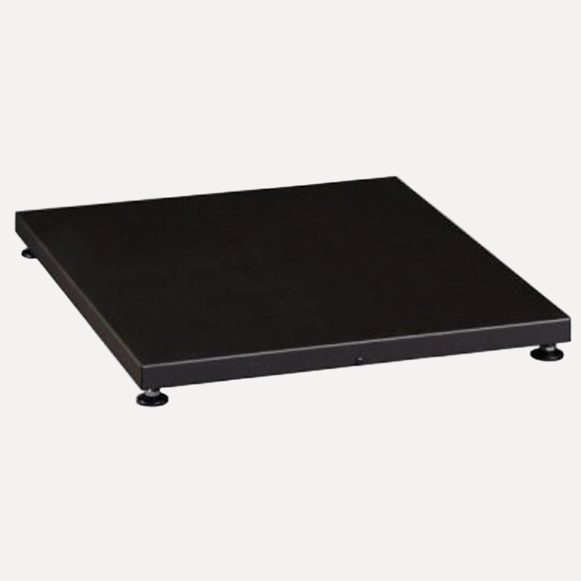 Harvia Protective Bedding WL110 for Legend 20 LS/RS Pro36 & Duo36, angled view of the black base plate with adjustable leveling feet on white.