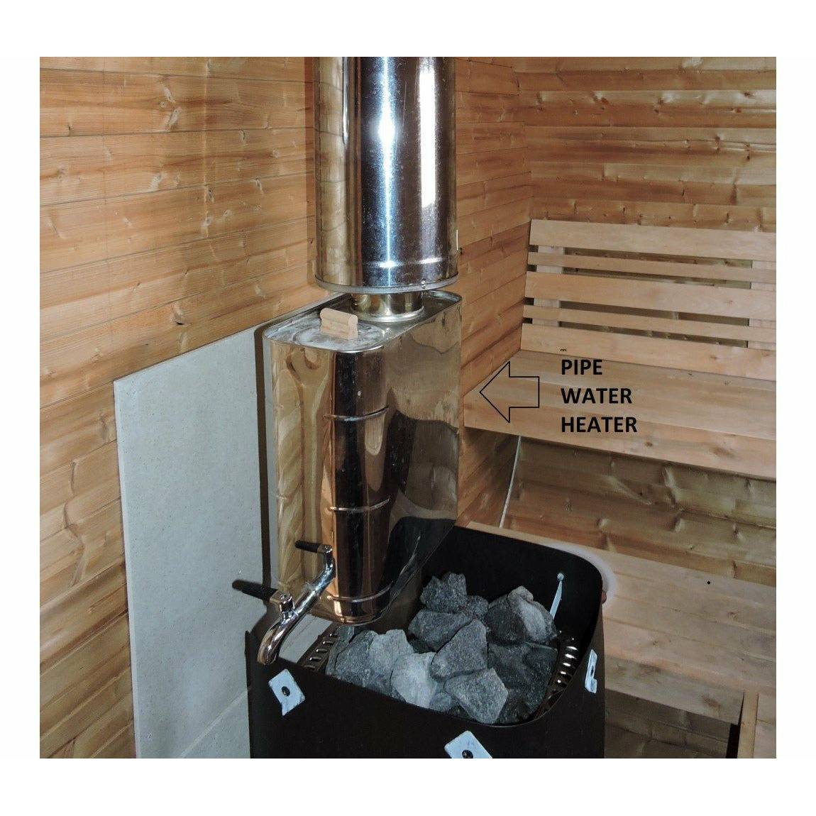 Harvia Pro 36 Wood-Burning Sauna Stove with an attached pipe water heater accessory on the chimney inside a wood sauna.