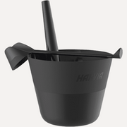 Harvia Click Black Sauna Pail and Ladle Set, front view of black pail with ladle resting across the rim, on a white background