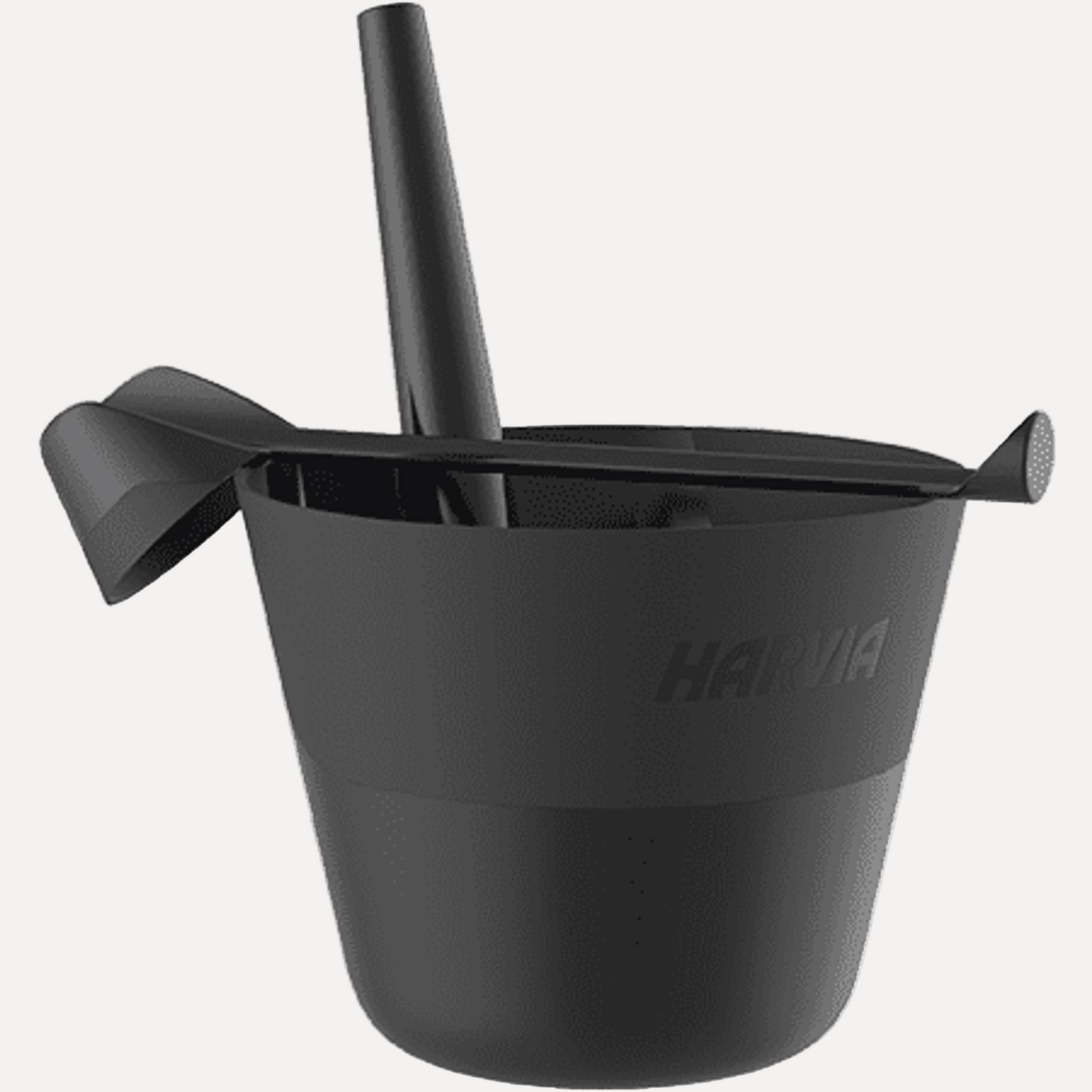 Harvia Click Black Sauna Pail and Ladle Set, front view of black pail with ladle resting across the rim, on a white background