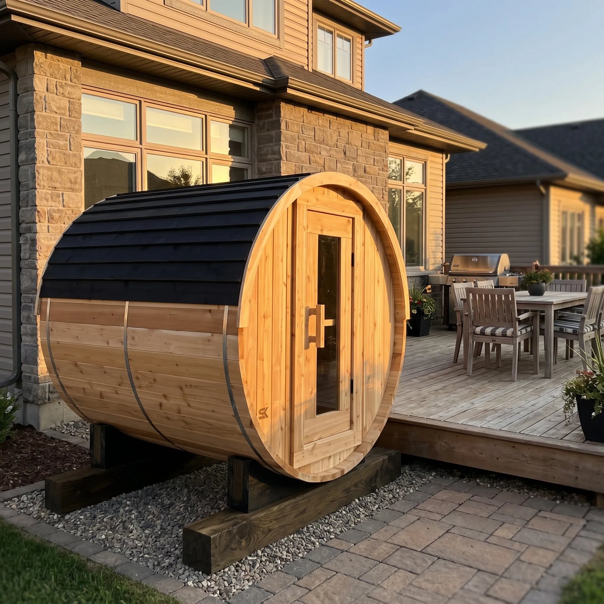 The Sweat Barrel cedar barrel sauna installed on a stone patio next to a residential brick home with outdoor dining set at sunset.