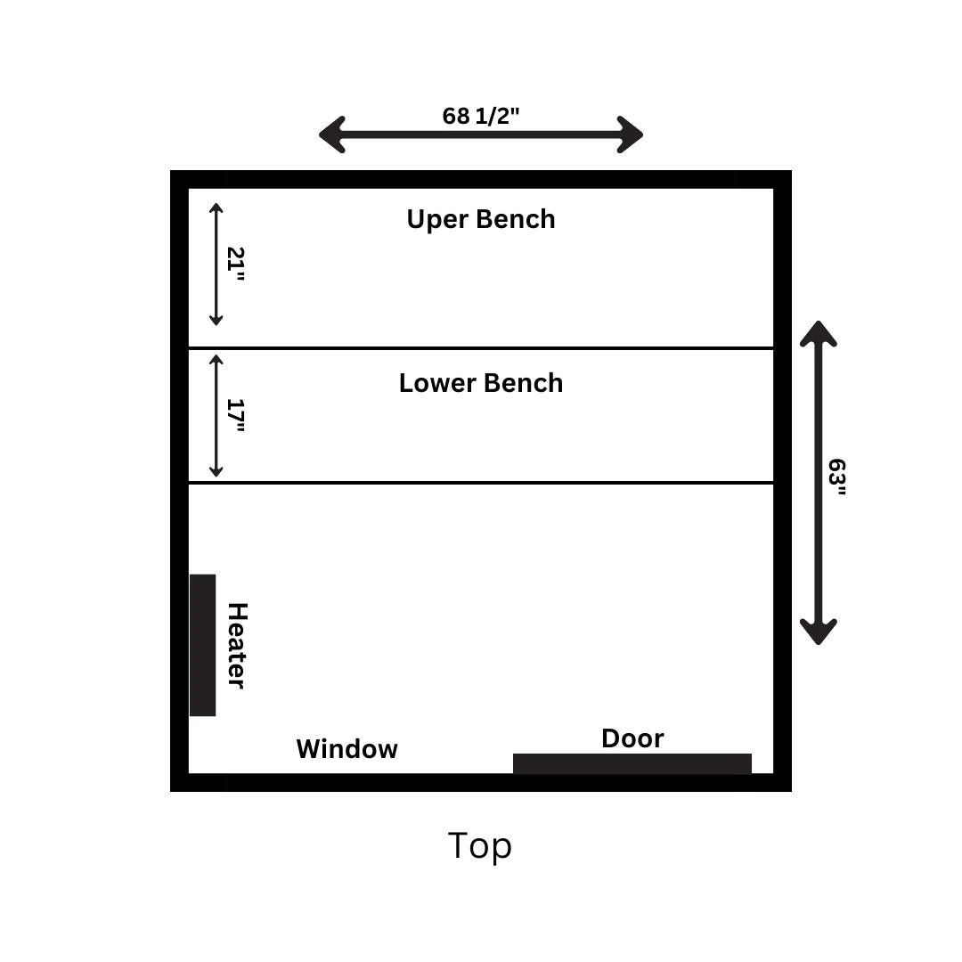 Sweat Cabin floor plan diagram showing 68 1/2 by 63 inch dimensions, upper and lower benches, heater, window, and door positions.