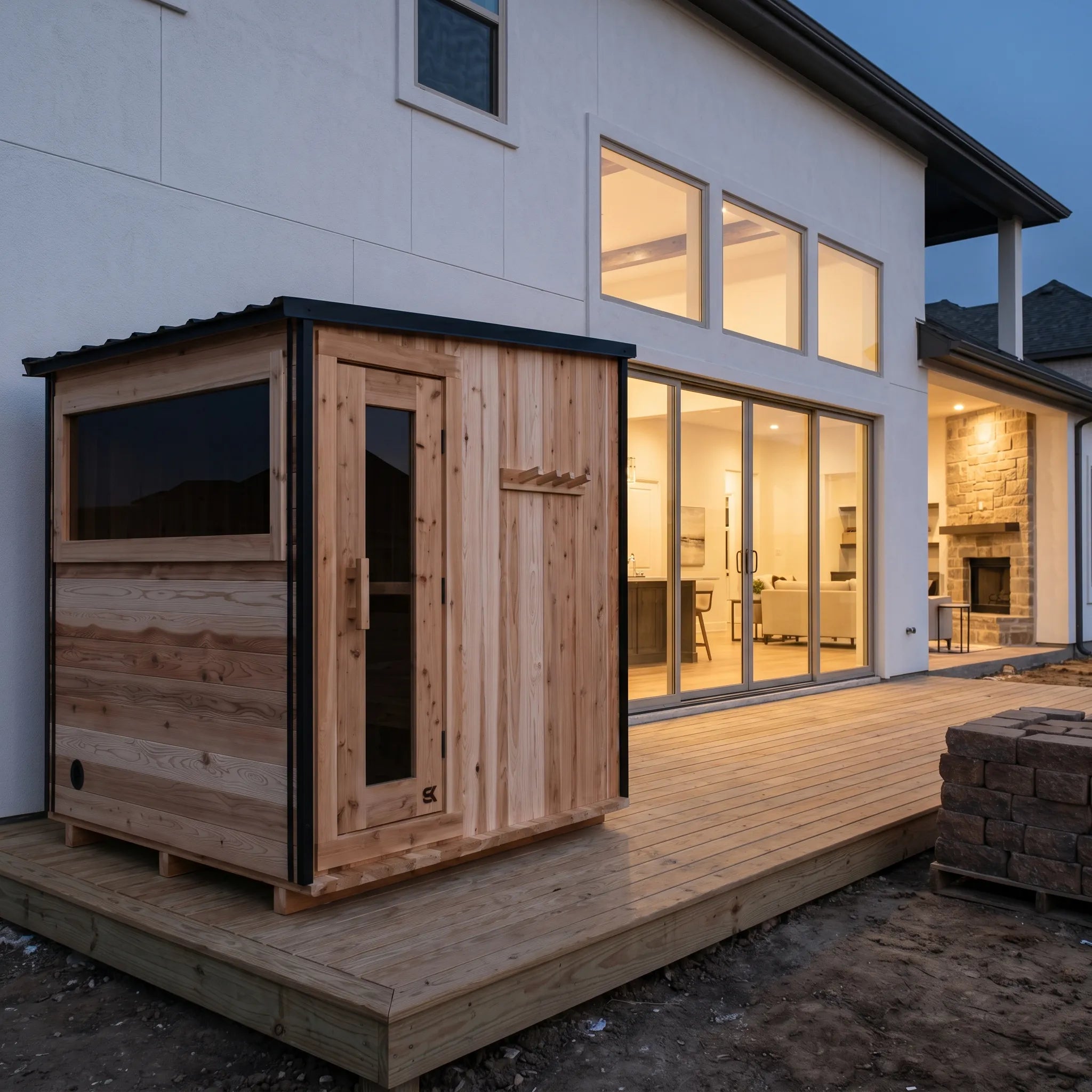 The Summit cedar 4-6 person sauna installed on a modern home deck at dusk beside a stucco home with glass doors and a stone fire feature.