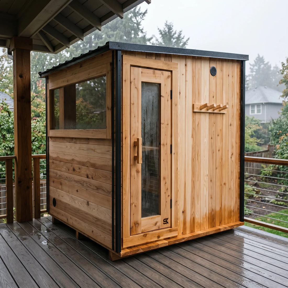 The Summit cedar 4-6 person sauna installed on a covered Pacific Northwest deck during light rain with cedar siding home and cable rail fence.