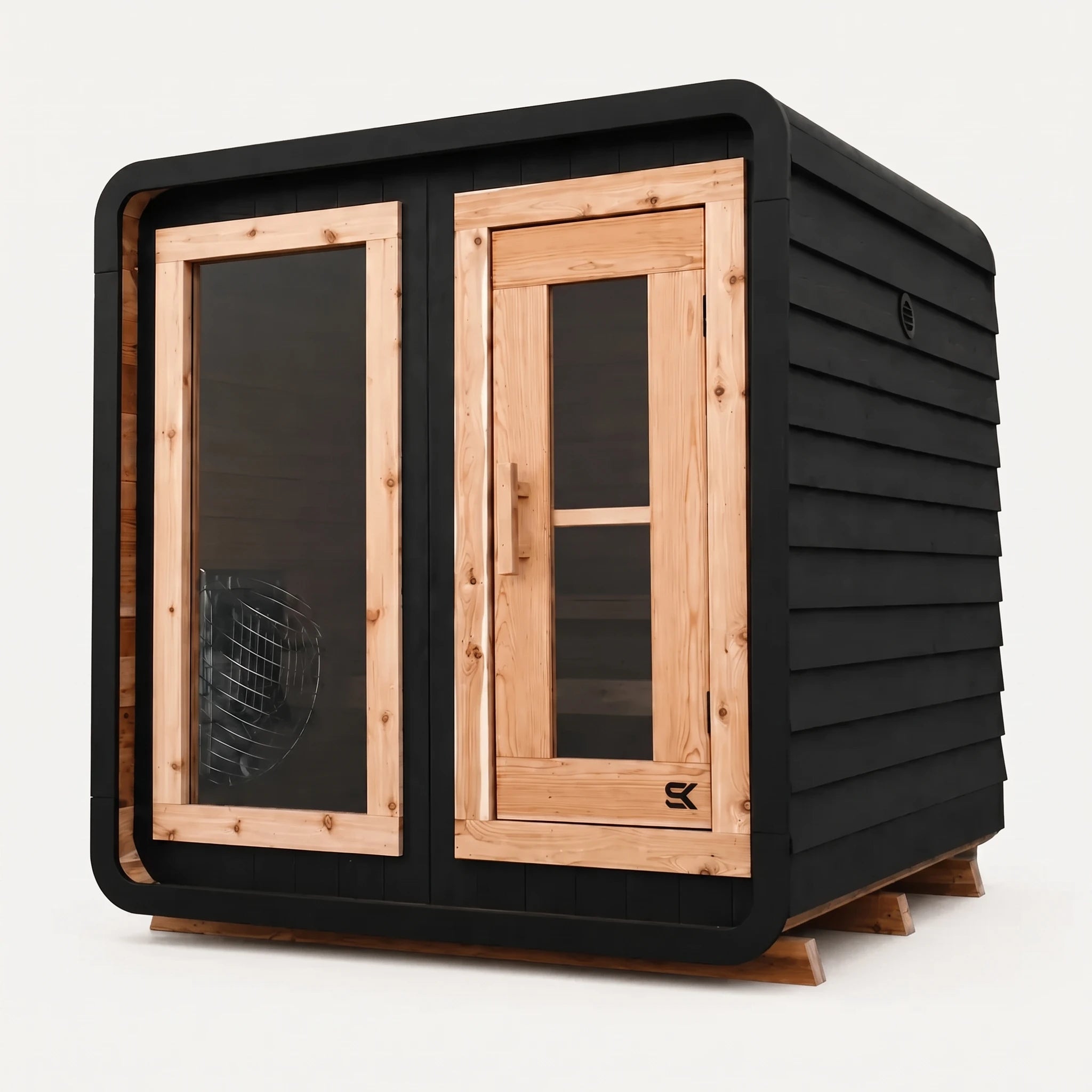 The Sweat Cabin Blackout Edition charred cedar 4-person sauna three-quarter angle on white background showing rounded corners, glass side panel with heater visible, and natural cedar door frame.