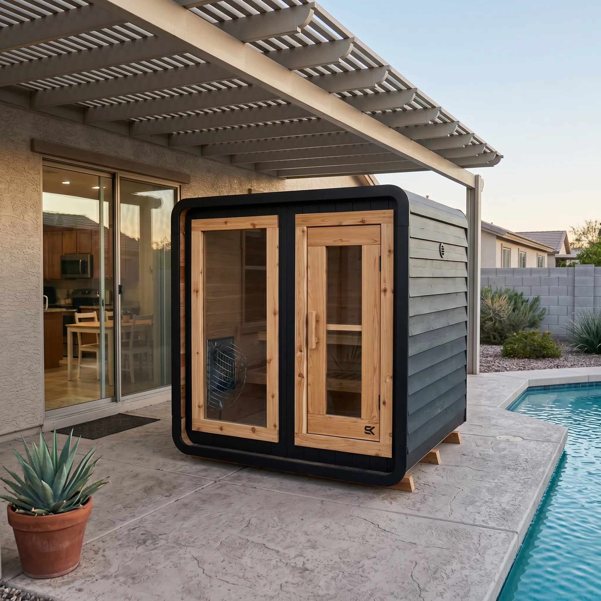 The Sweat Cabin Blackout Edition charred cedar sauna installed on a desert home patio under a wooden pergola with swimming pool and aloe plant.