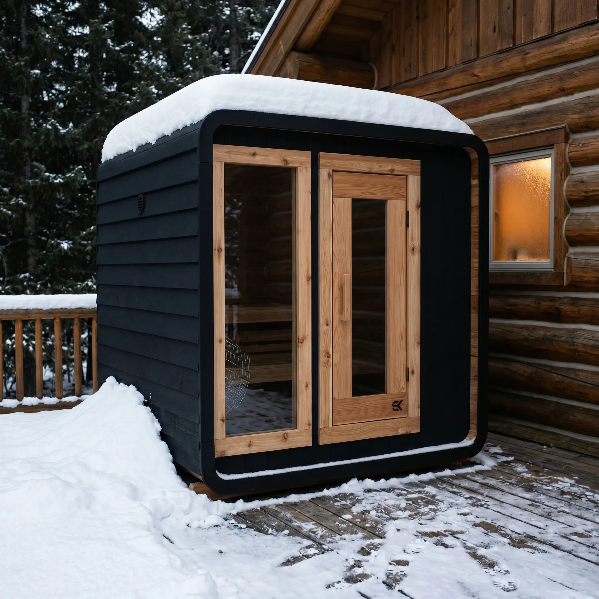 The Sweat Cabin Blackout Edition charred cedar sauna installed on a snowy log cabin deck with snow-covered roof and warm interior glow.