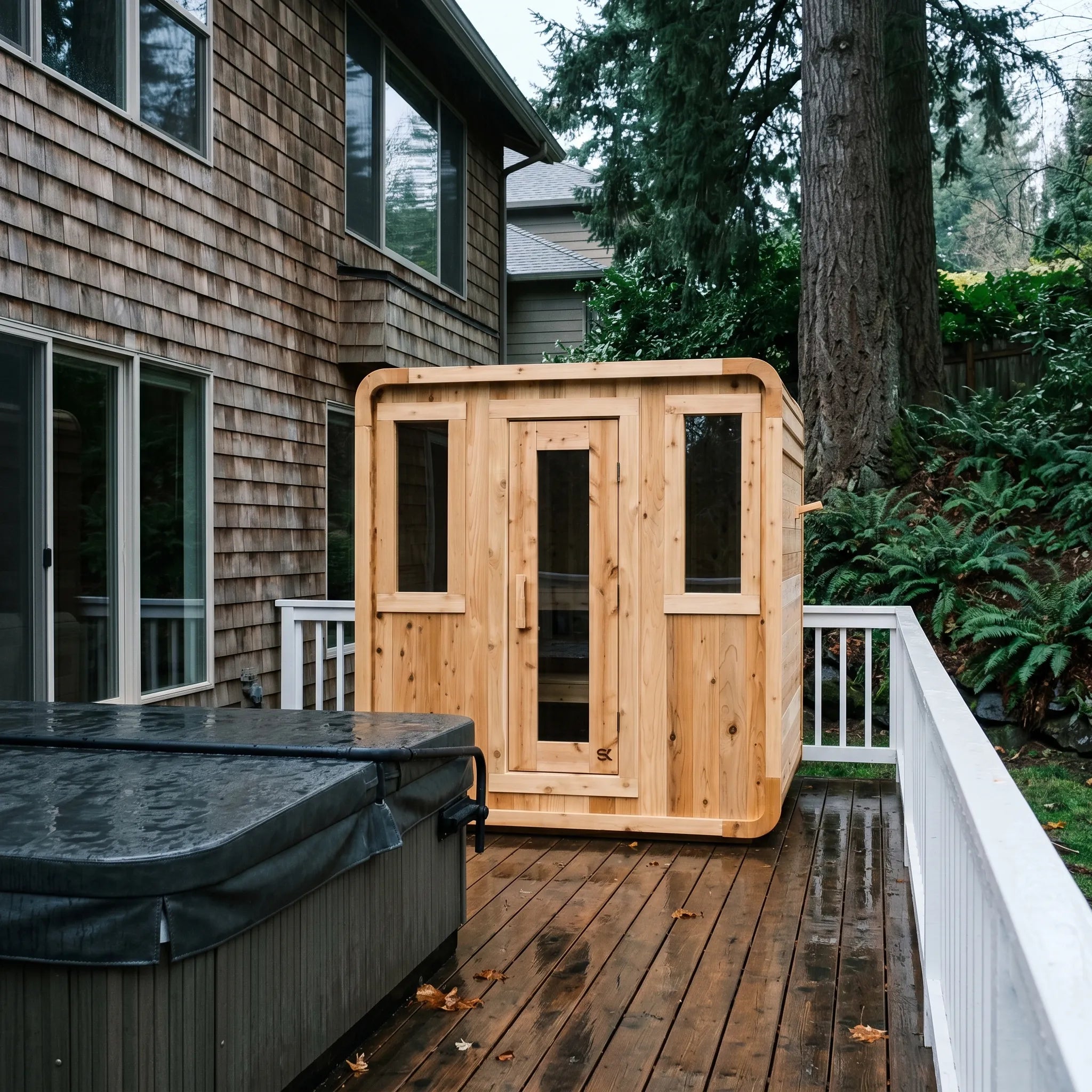 The Sweat Cabin Deluxe cedar 6-person sauna installed on a Pacific Northwest deck beside a hot tub with cedar shingle house, ferns, and tall evergreen trees.