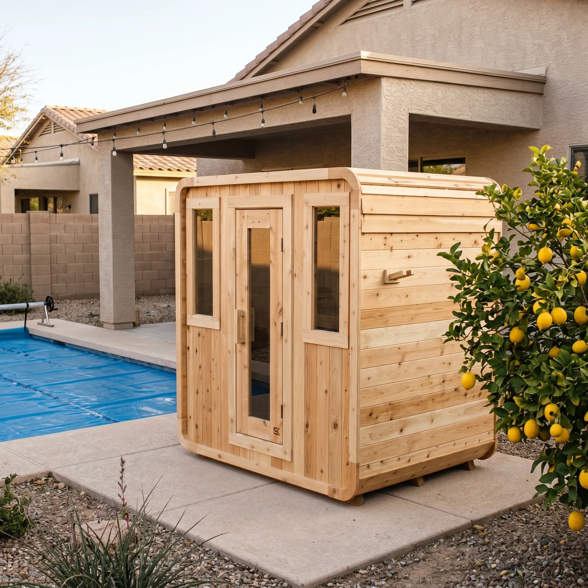 The Sweat Cabin Deluxe cedar 6-person sauna installed on a desert home patio with covered pergola, string lights, swimming pool, and lemon tree.