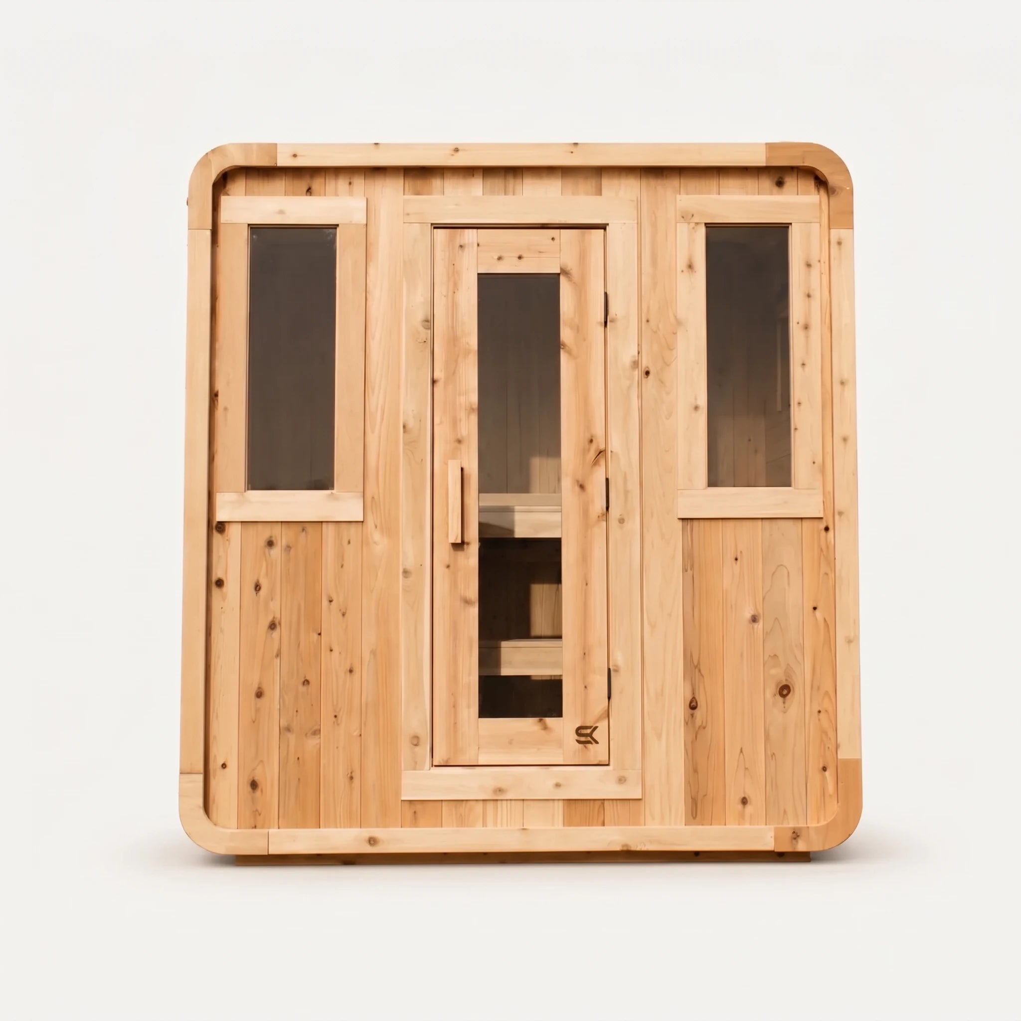 The Sweat Cabin Deluxe cedar 6-person sauna front view on white background showing rounded corners, central glass door, and two side picture windows.