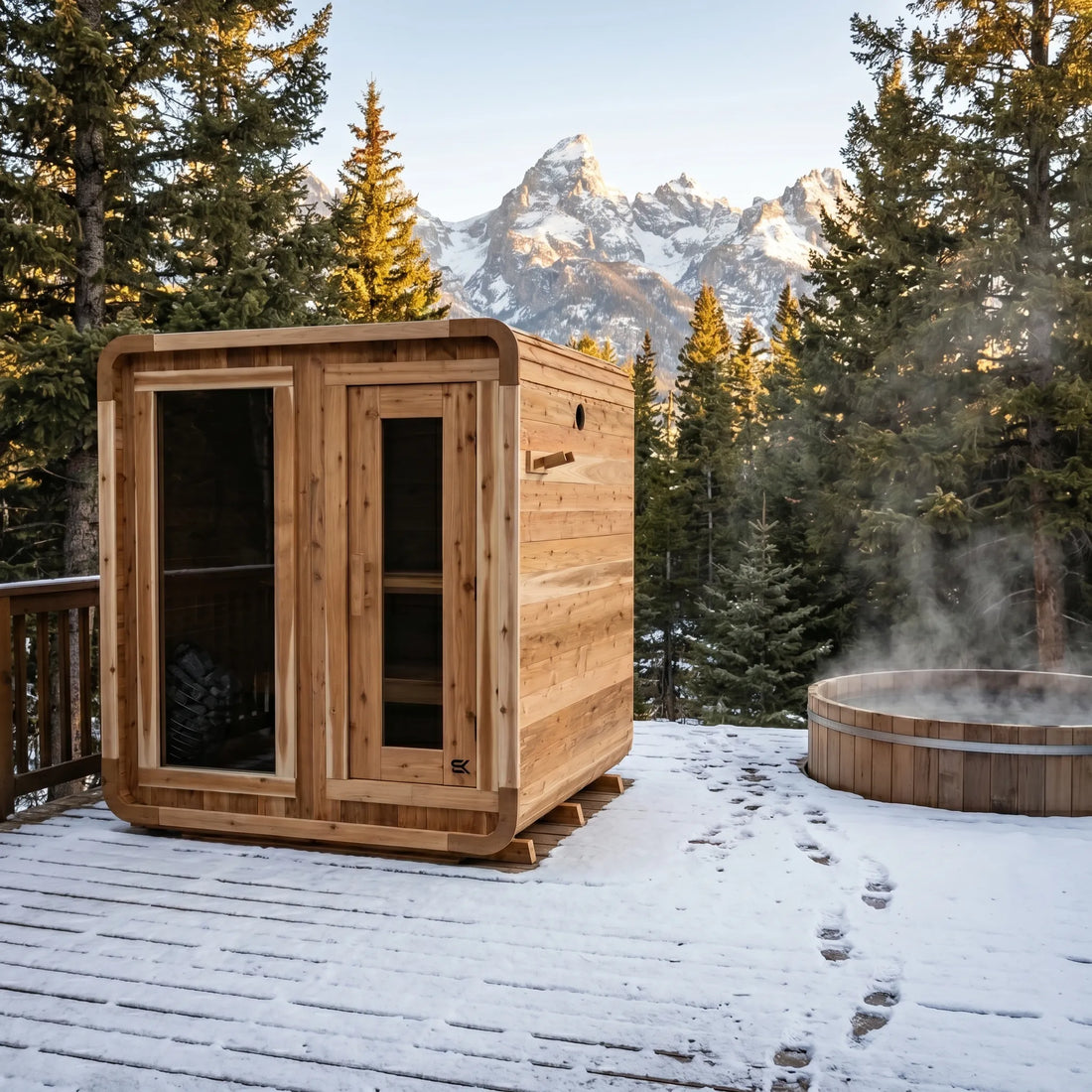 The Sweat Cabin cedar 4-person sauna installed on a snowy mountain deck beside a steaming cedar hot tub with footprints in the snow and Teton-style mountains in the background.
