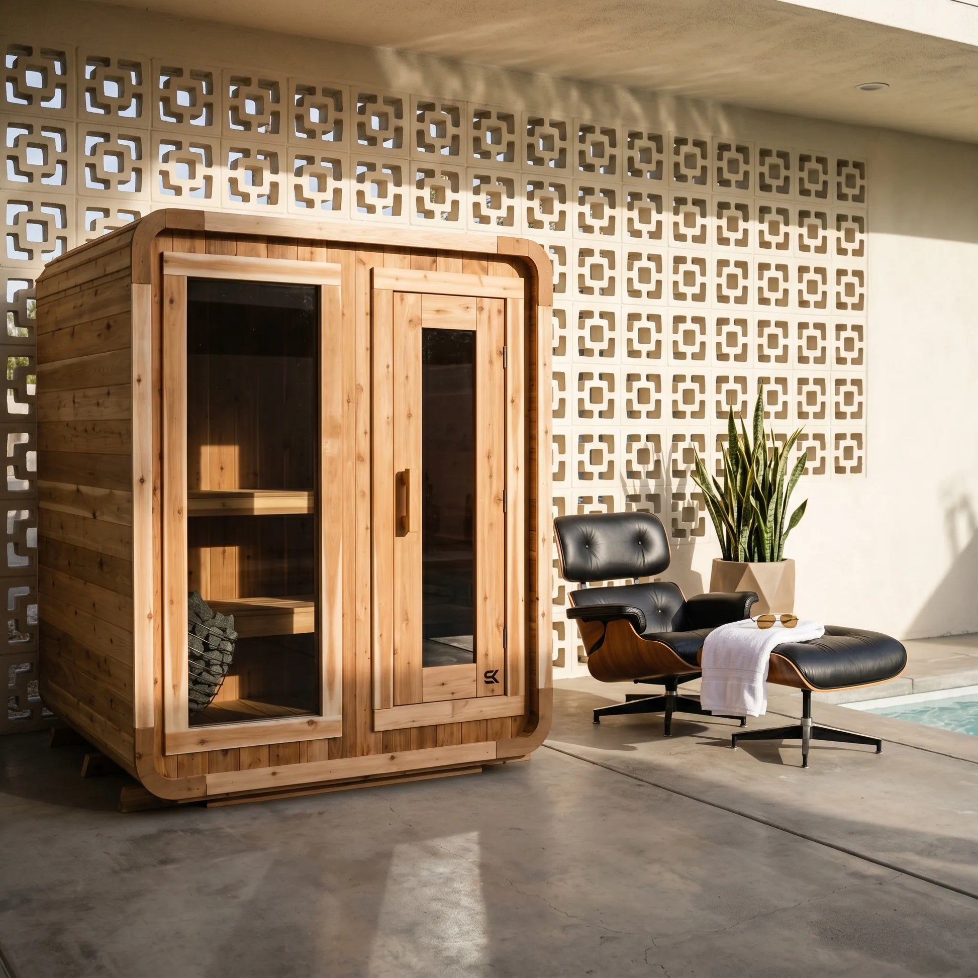 The Sweat Cabin cedar 4-person sauna installed on a midcentury modern patio with breeze block wall, Eames lounge chair, snake plant, and pool.