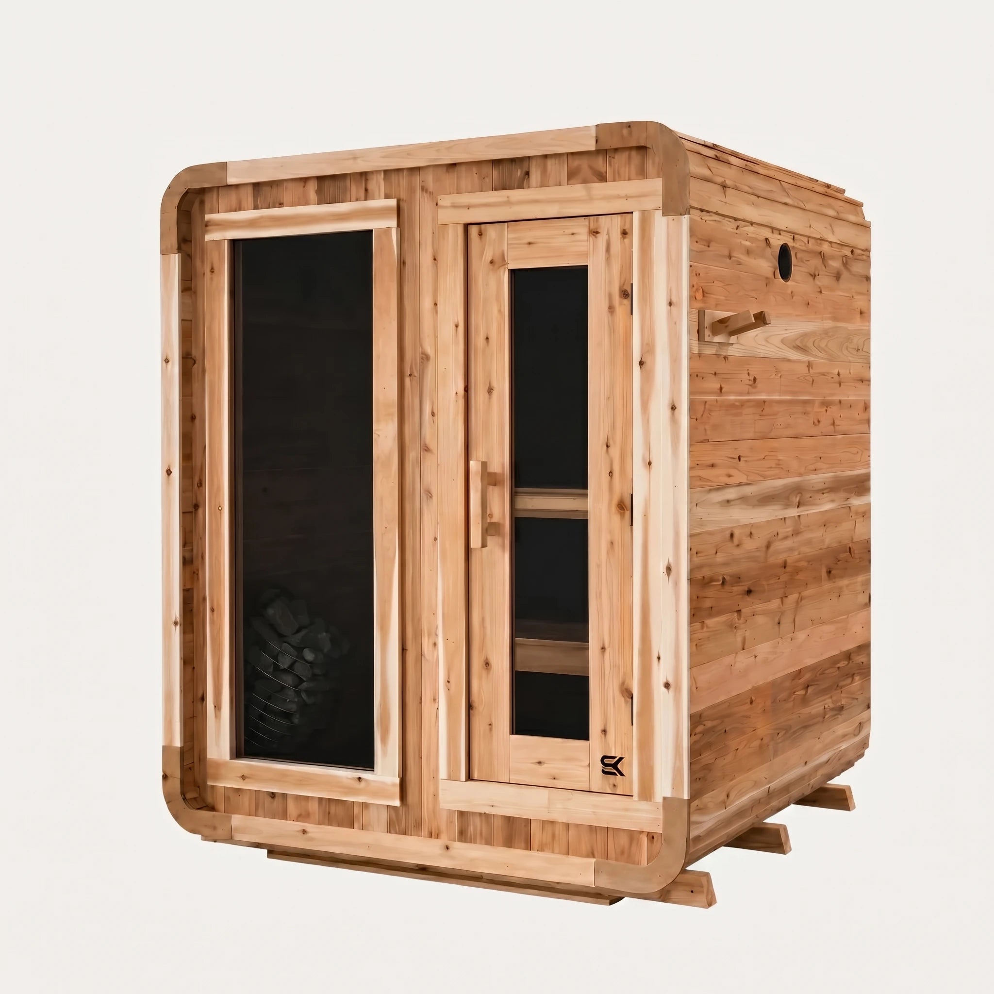 The Sweat Cabin cedar 4-person sauna with large picture window beside the glass door, three-quarter angle on white background.