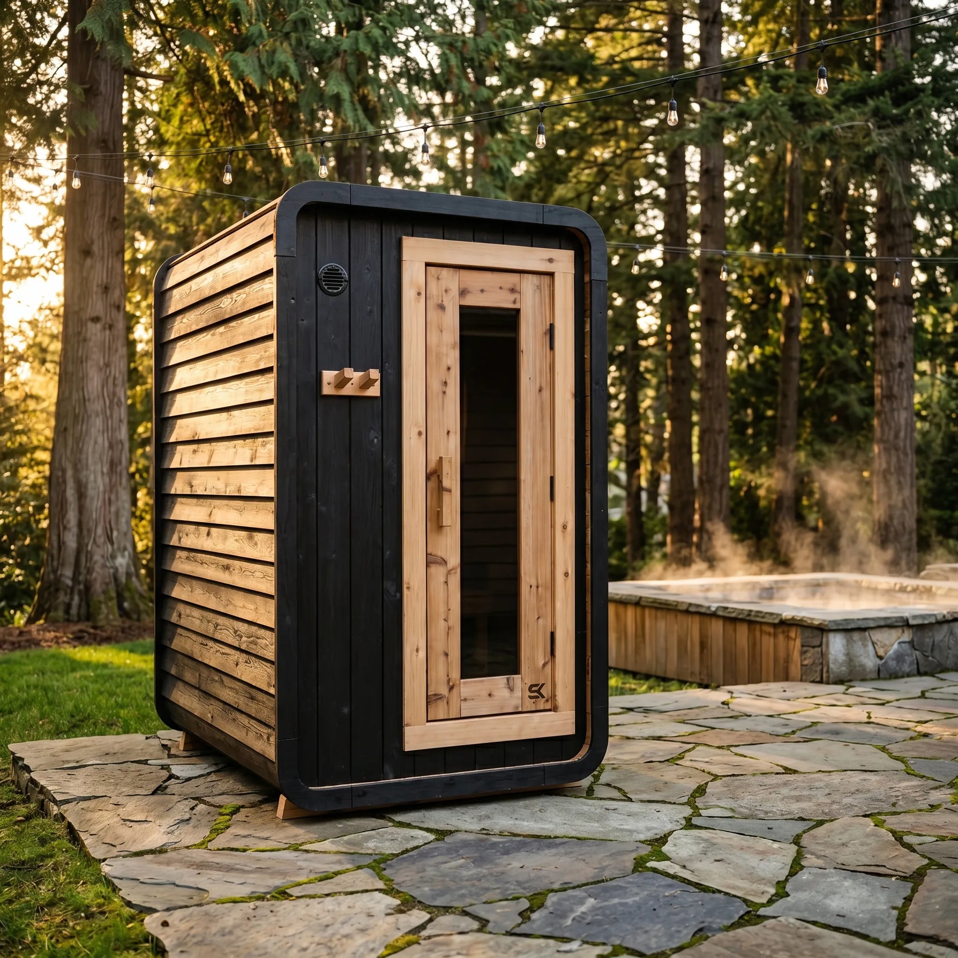 The Sweat Pod Black Edition outdoor sauna on a flagstone patio with cedar hot tub, string lights, and evergreen forest at golden hour.