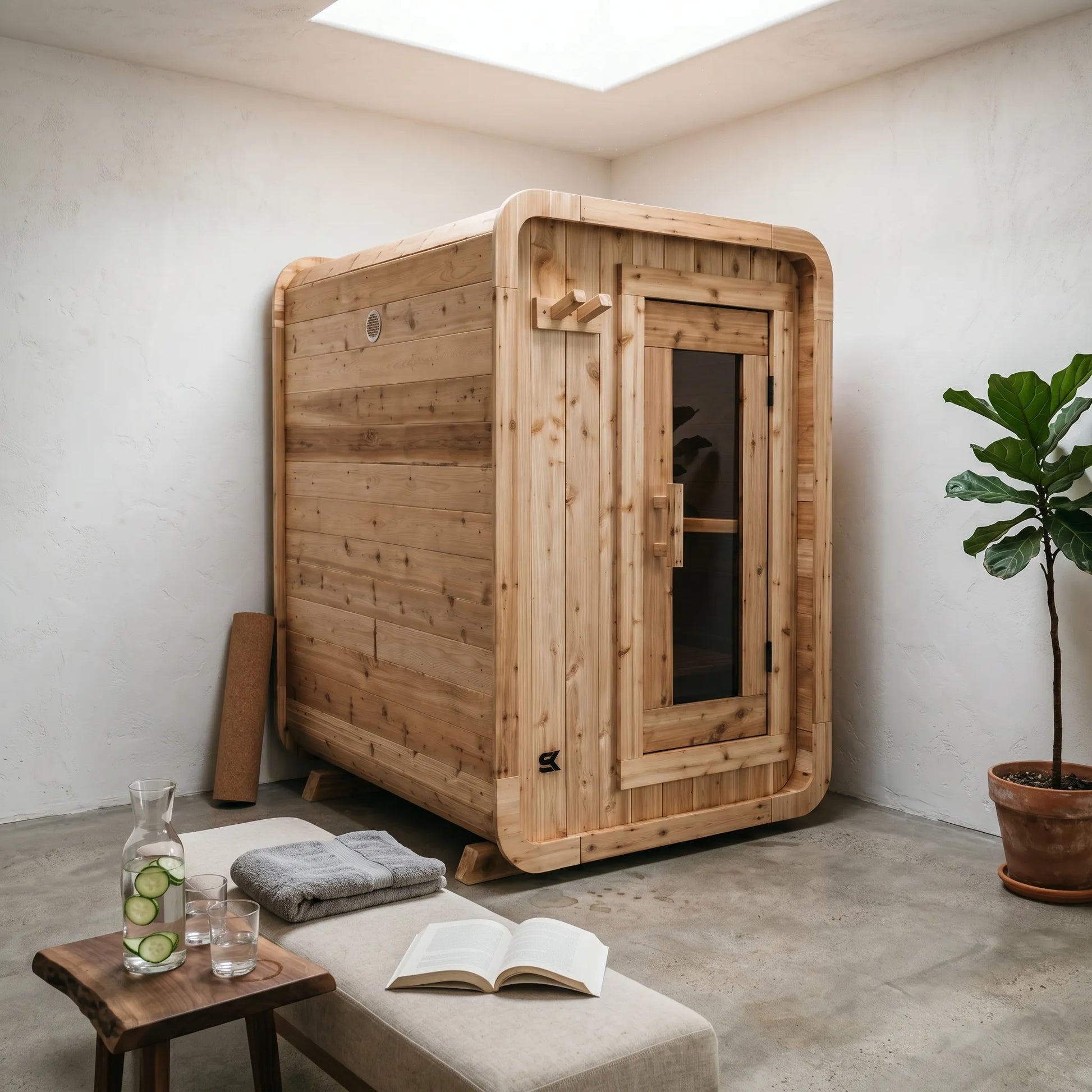The Sweat Pod cedar 2-4 person sauna in a minimalist wellness room with concrete floor, fiddle leaf fig, and infused water.
