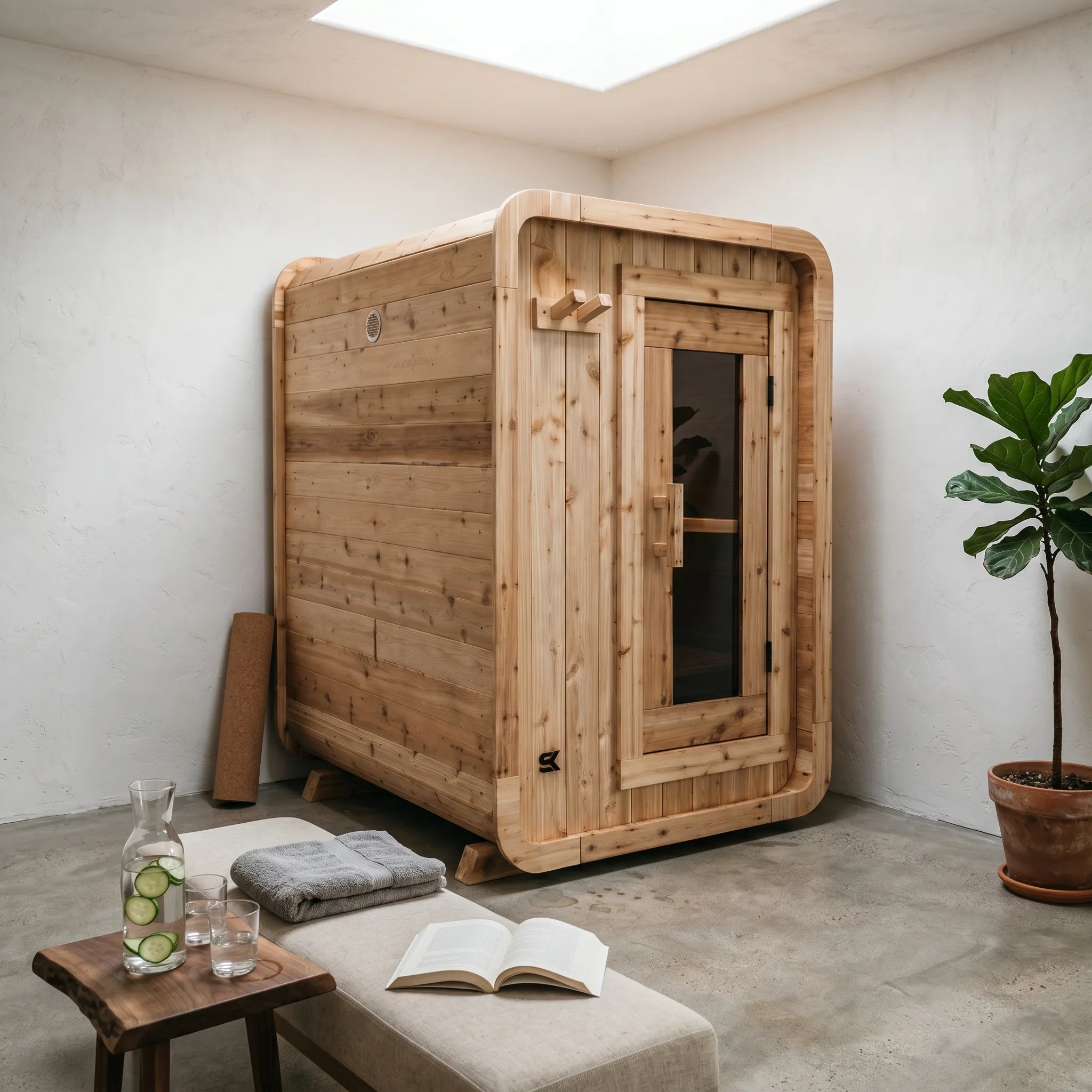 The Sweat Pod cedar 2-4 person sauna in a minimalist wellness room with concrete floor, fiddle leaf fig, and infused water.