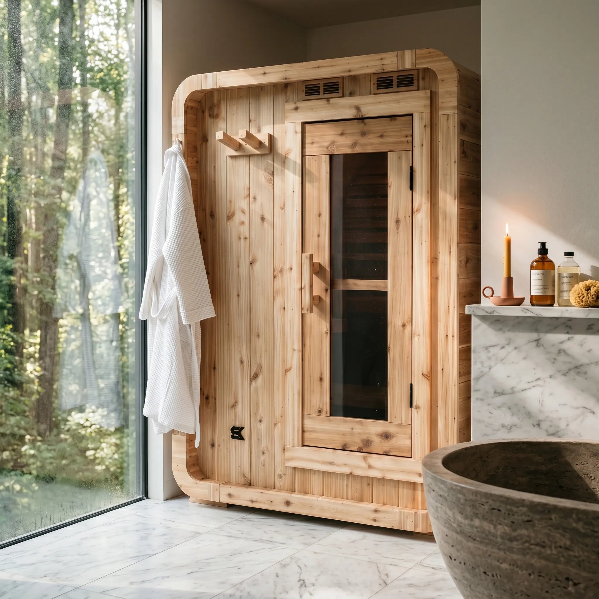 The Sweat Pod cedar sauna installed in a modern bathroom with marble floors, stone soaking tub, and forest view through the window.