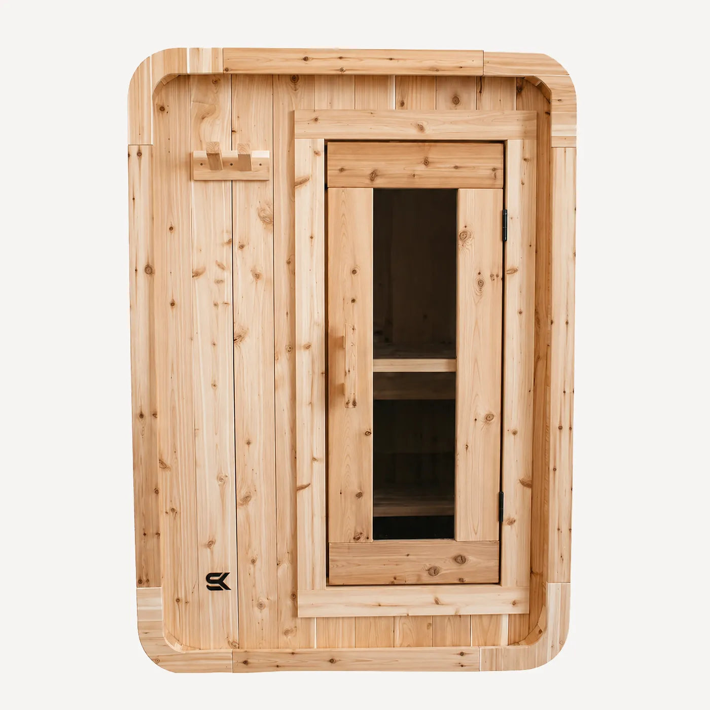 Front view of The Sweat Pod cedar sauna door with rounded corners, glass panel, and Sweat Kingdom SK logo.