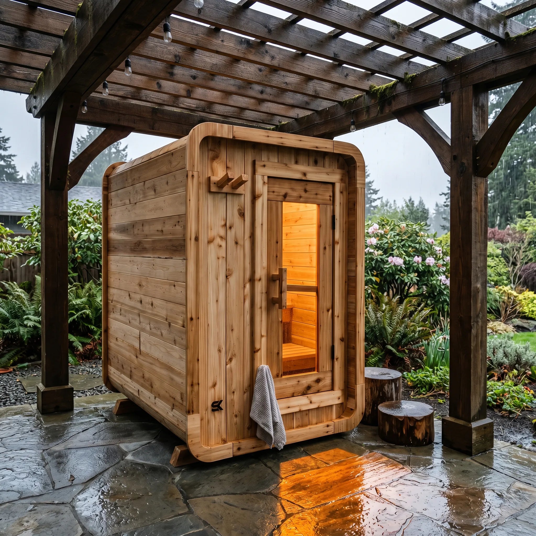 The Sweat Pod cedar sauna under a wooden pergola in a Pacific Northwest backyard with stone patio and warm interior glow through the door.