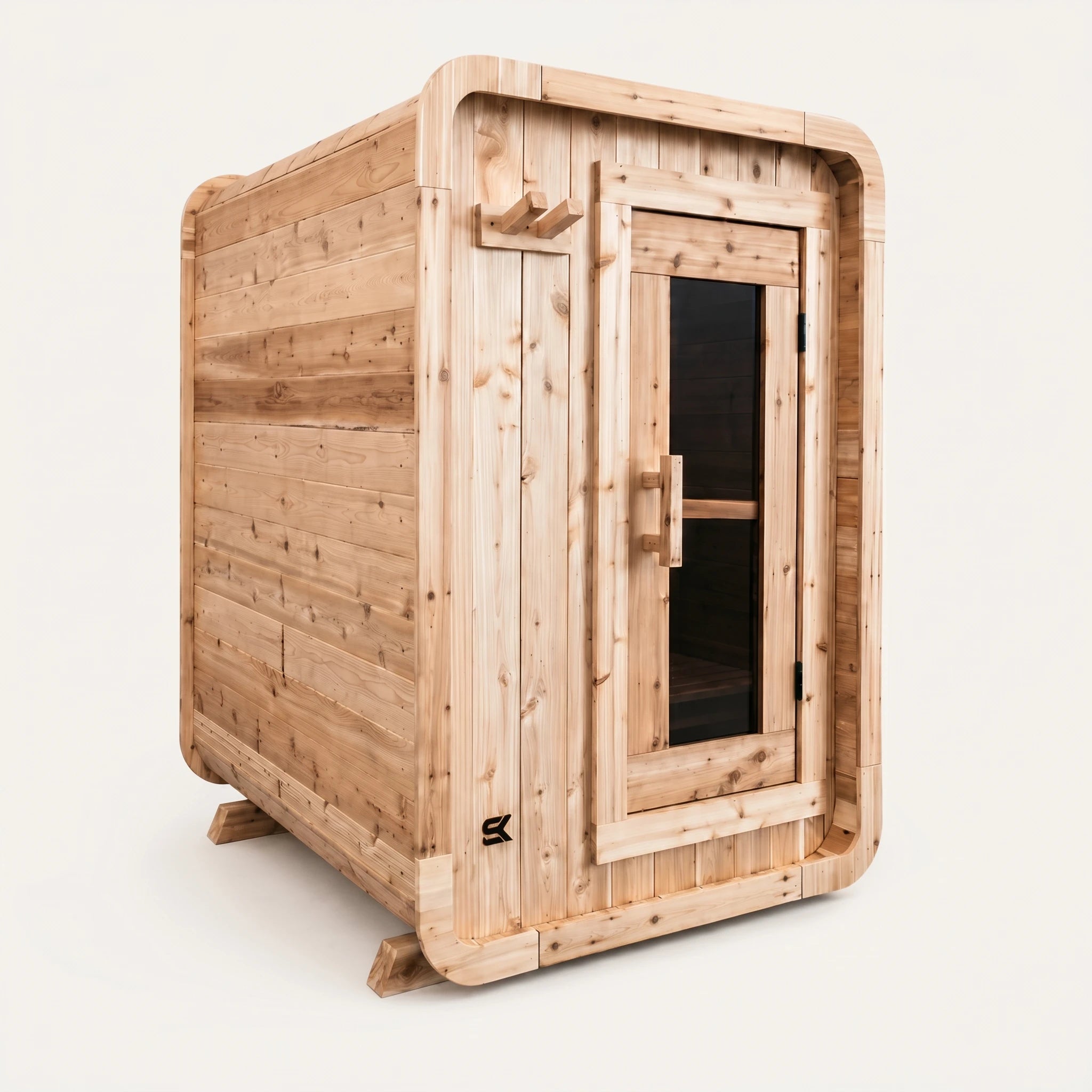 The Sweat Pod cedar 2-4 person indoor sauna with rounded corners on white background, three-quarter angle showing glass door.