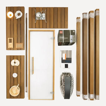 Custom Indoor Sauna Room kit in thermo-treated poplar with a glass door and bench seating