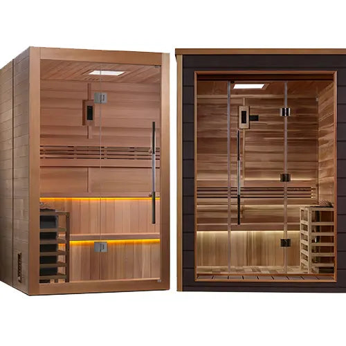 Traditional saunas category image with a wood sauna and stone heater