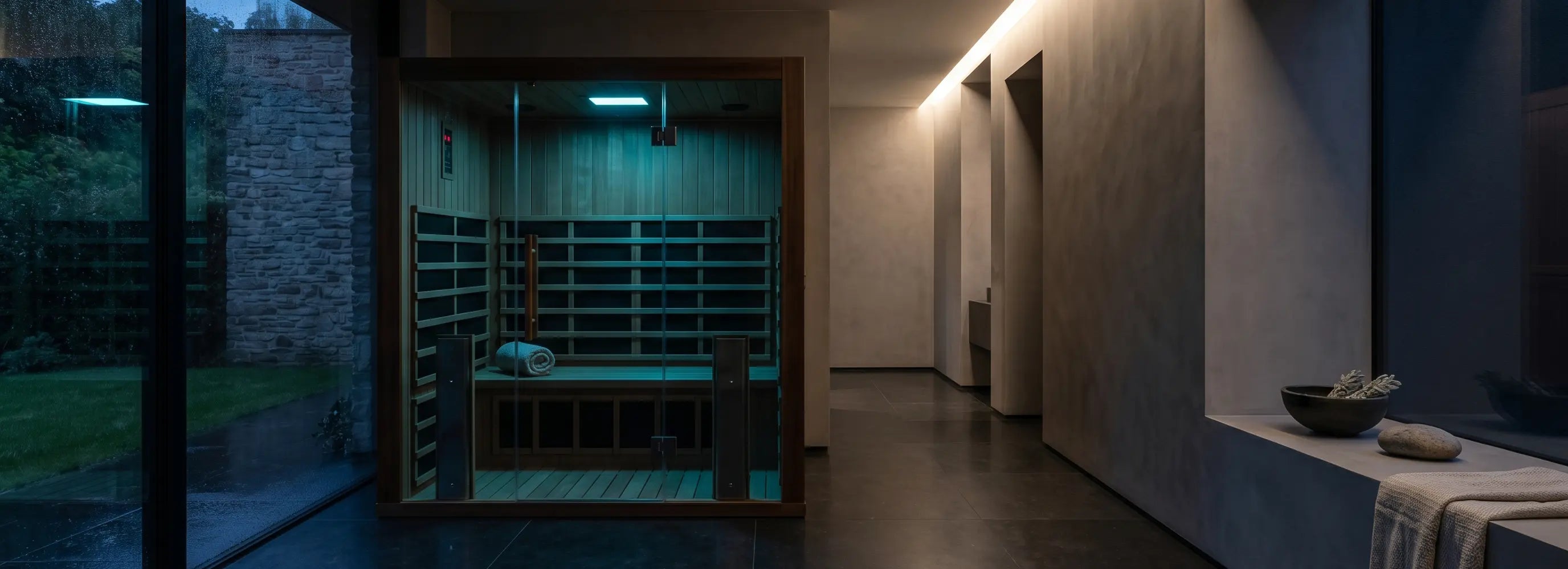 Ultra low EMF infrared saunas, a teal lit wooden cabin in a dark spa style room with a stone garden wall beyond the glass