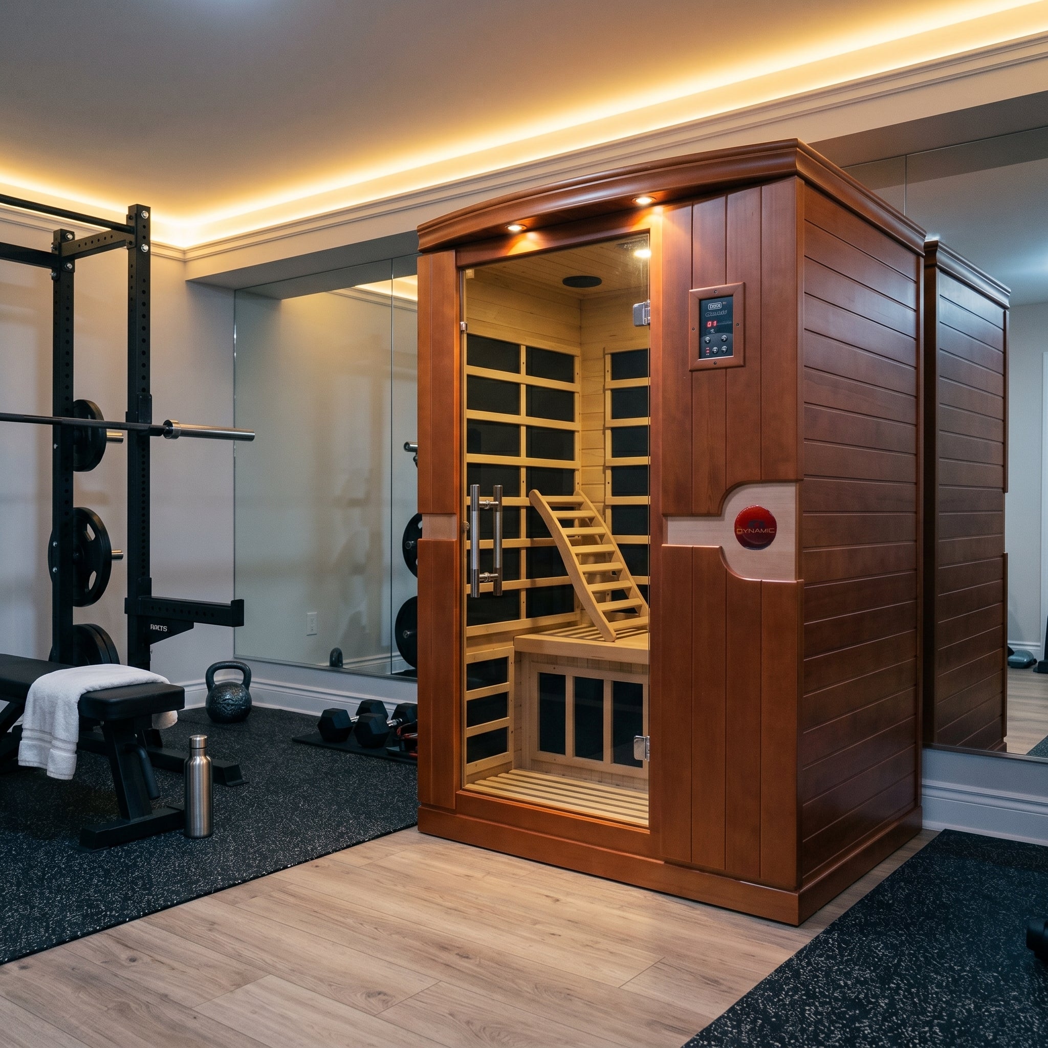 Golden Designs Dynamic Venice far infrared sauna shown in a home wellness space