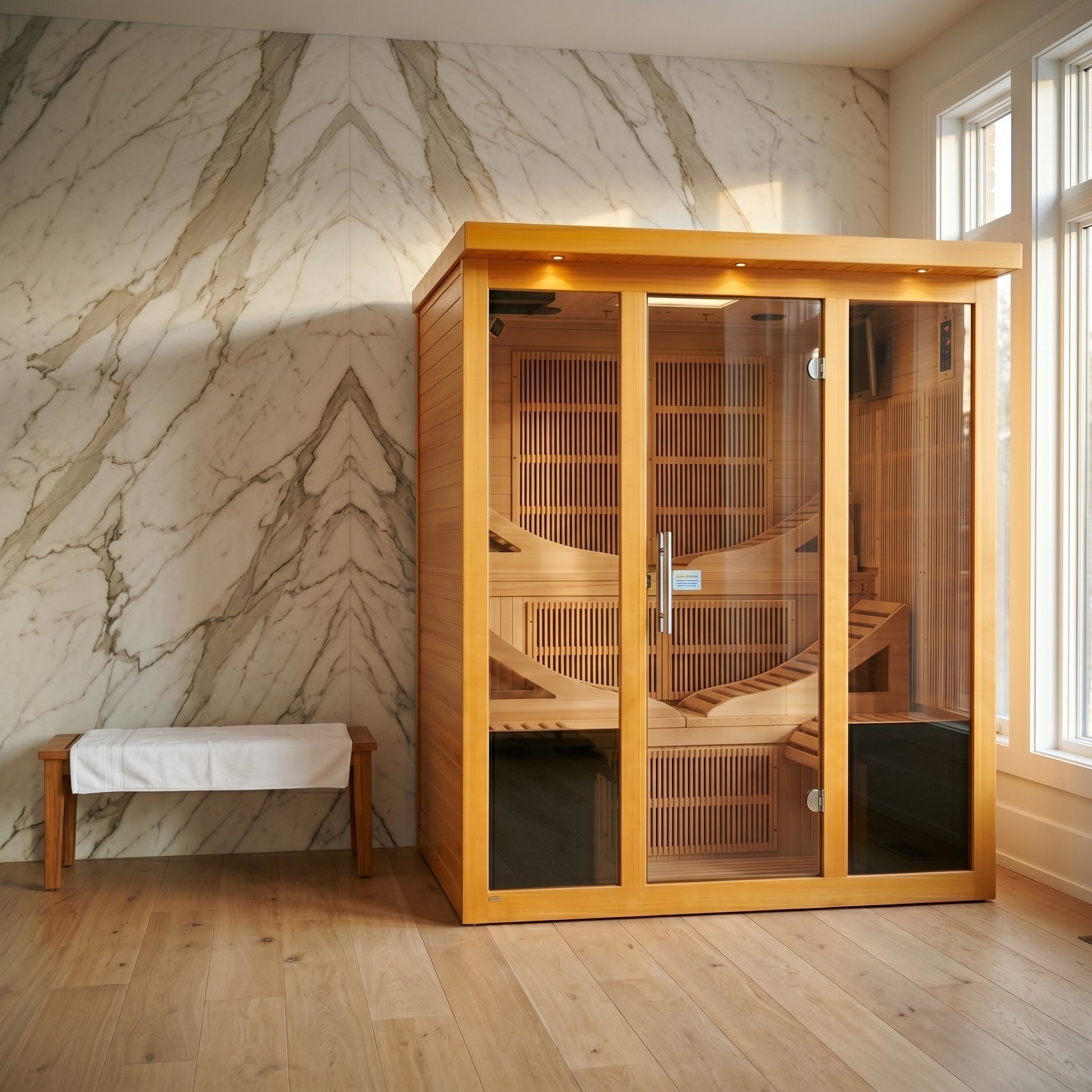 Golden Designs Dynamic Monaco Elite ultra low EMF infrared sauna styled in a modern home interior