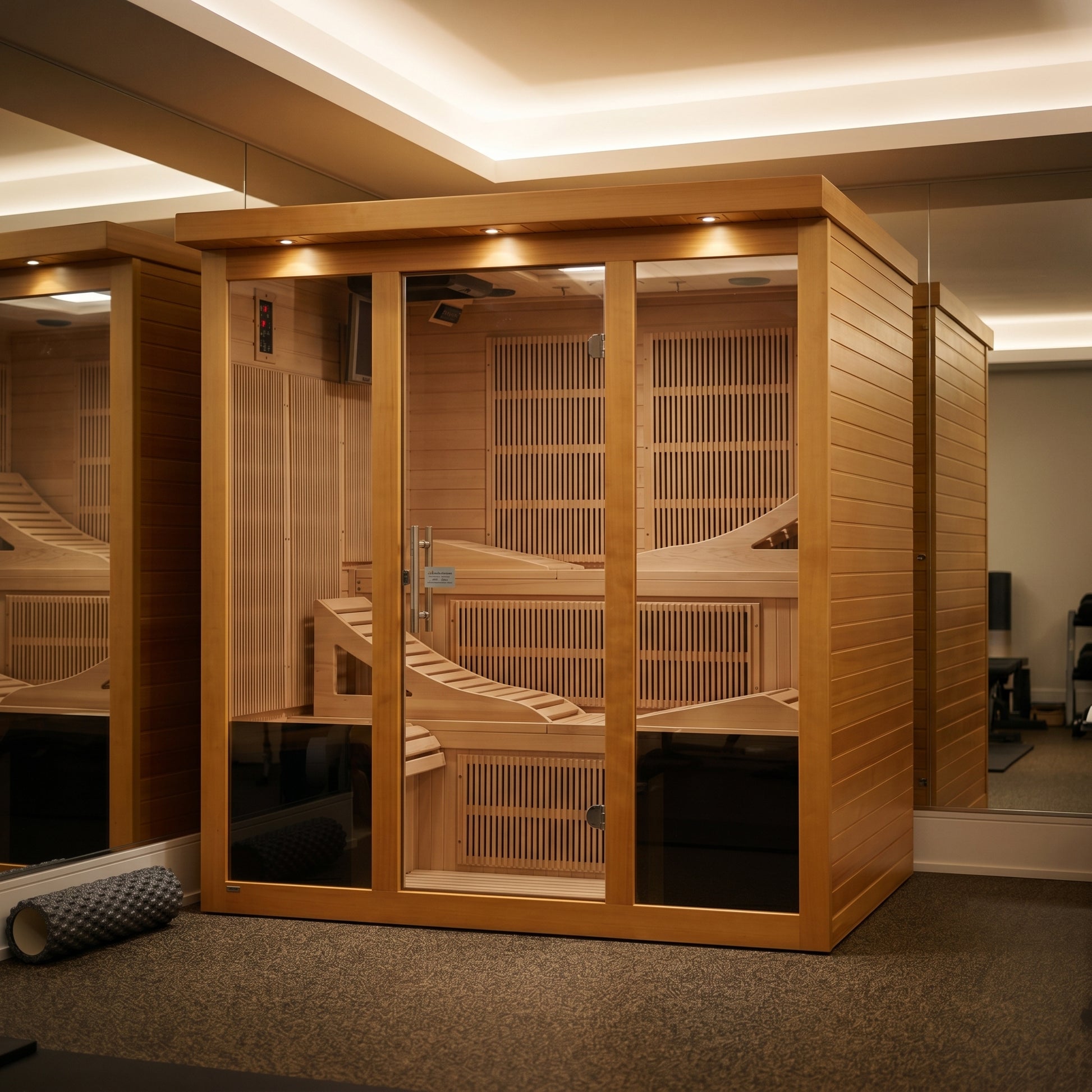 Golden Designs Dynamic Monaco Elite ultra low EMF infrared sauna shown in a contemporary home setting