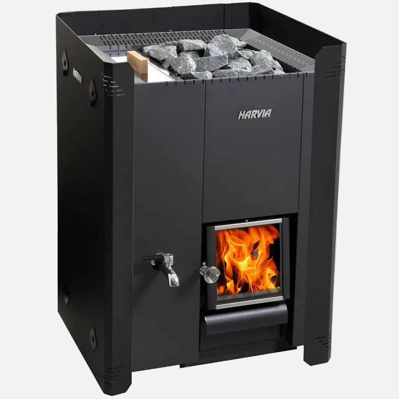Harvia WL585 Linear 22 LS/RS Protective Sheath, Side and Rear, angled view with lit glass door and sauna stones on top, white background
