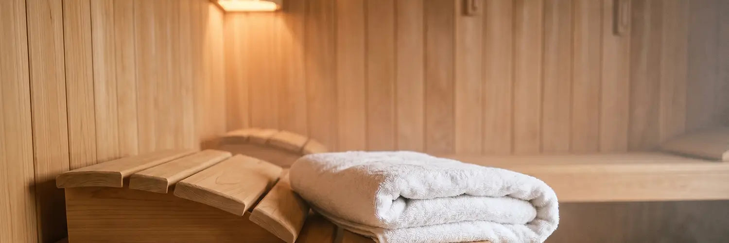 Wooden sauna headrest and folded towel on a cedar bench with soft steam, simple accessories for sauna use.