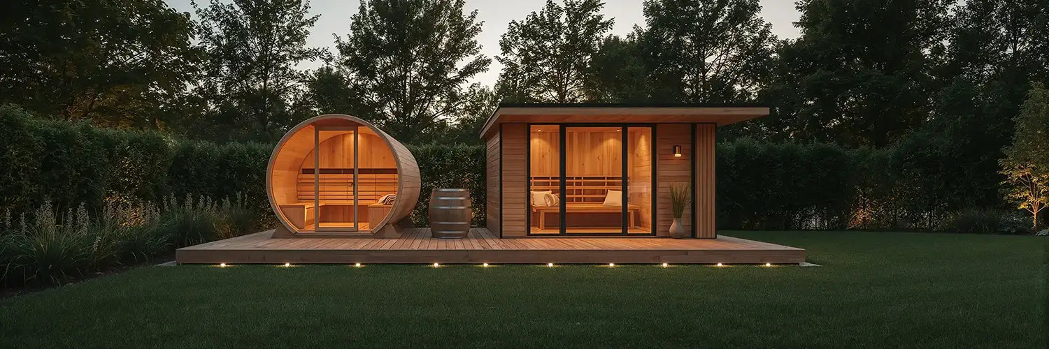Backyard outdoor sauna retreat with barrel and cabin models on a raised deck at dusk. Shows stylish outdoor saunas, sauna kit outdoor ideas, and outdoor traditional sauna inspiration for home.