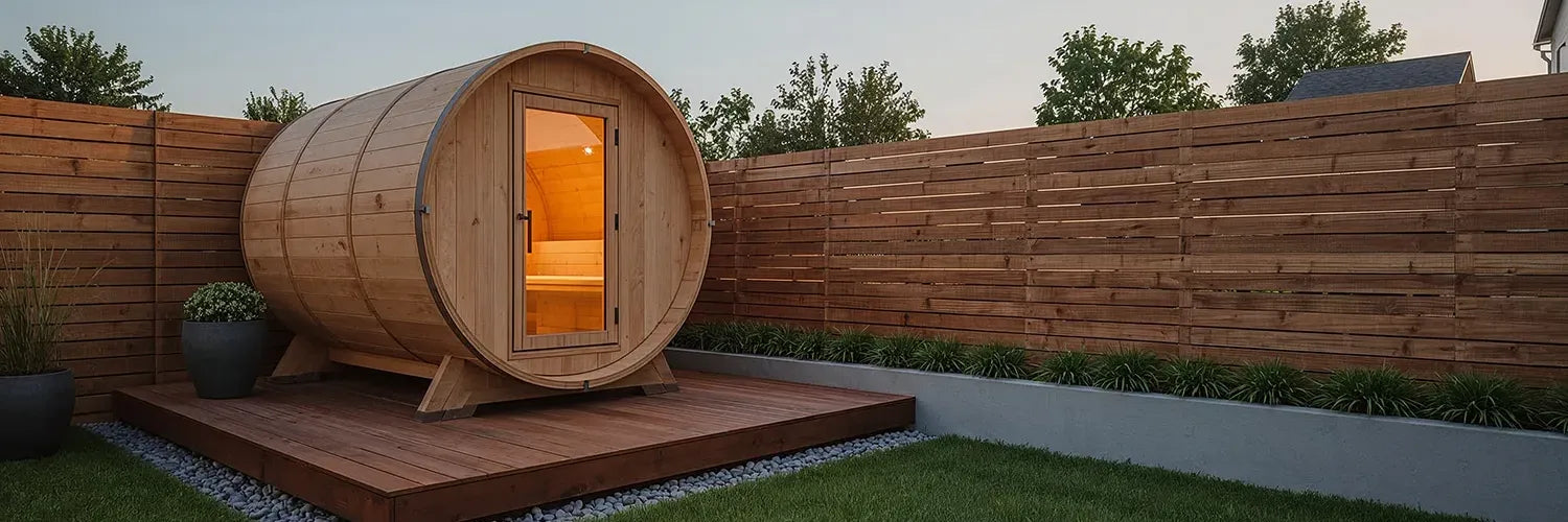 Outdoor barrel sauna in a small backyard with a wood exterior, front glass door, and raised deck. A practical wooden barrel sauna design for shoppers considering barrel sauna kits for home.