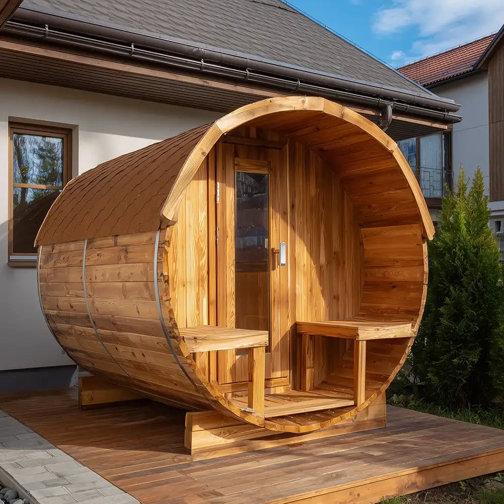 Cedar barrel sauna on a patio with a front canopy, glass door, and natural wood exterior. A compact outdoor barrel sauna style suited for buyers comparing barrel sauna kits or a 2 person barrel sauna.