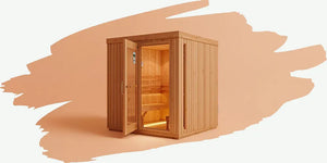 Compact indoor home sauna with wood exterior and open glass door, shown as a sauna category graphic.