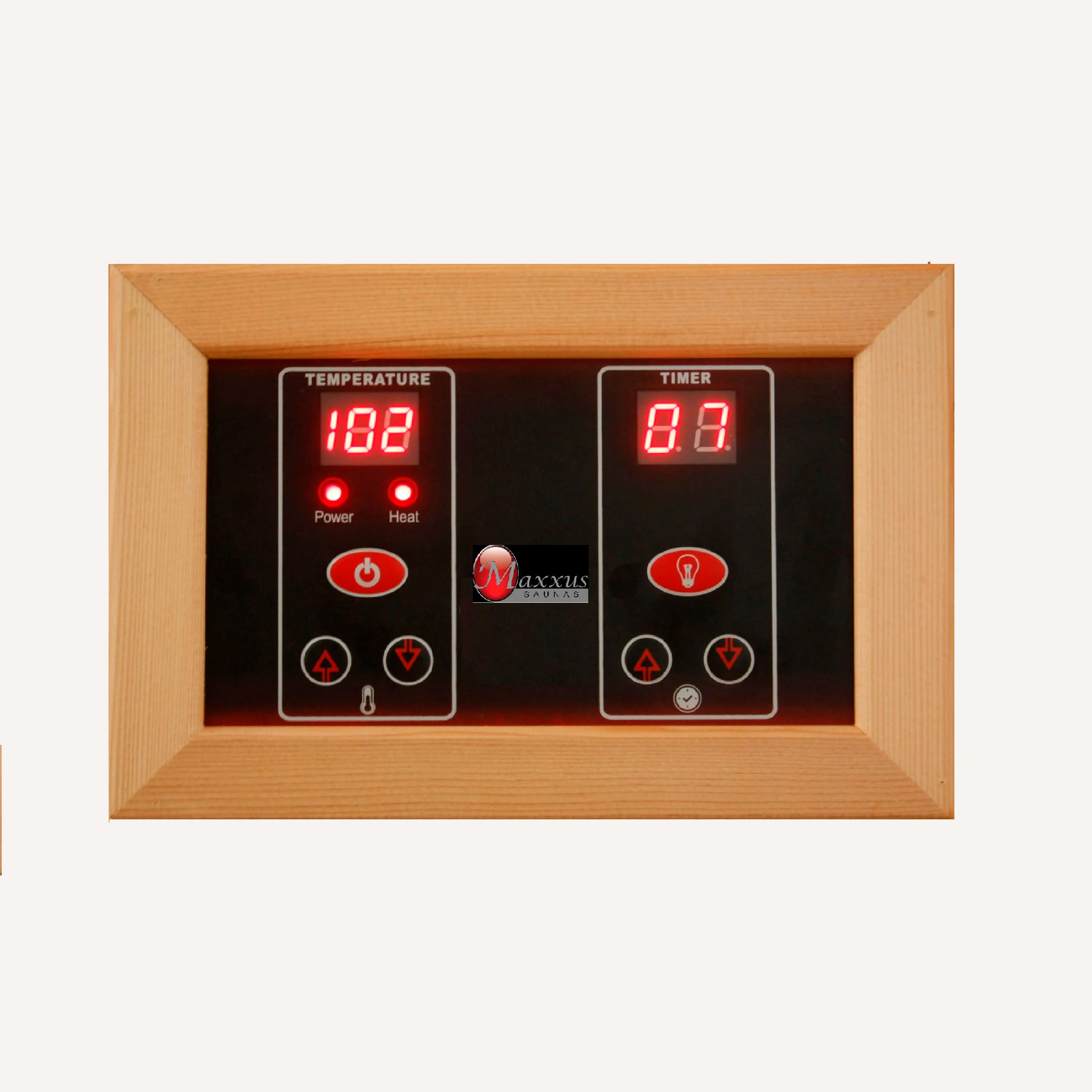Interior LED control panel on the Golden Designs Maxxus 3 Person Corner far infrared sauna