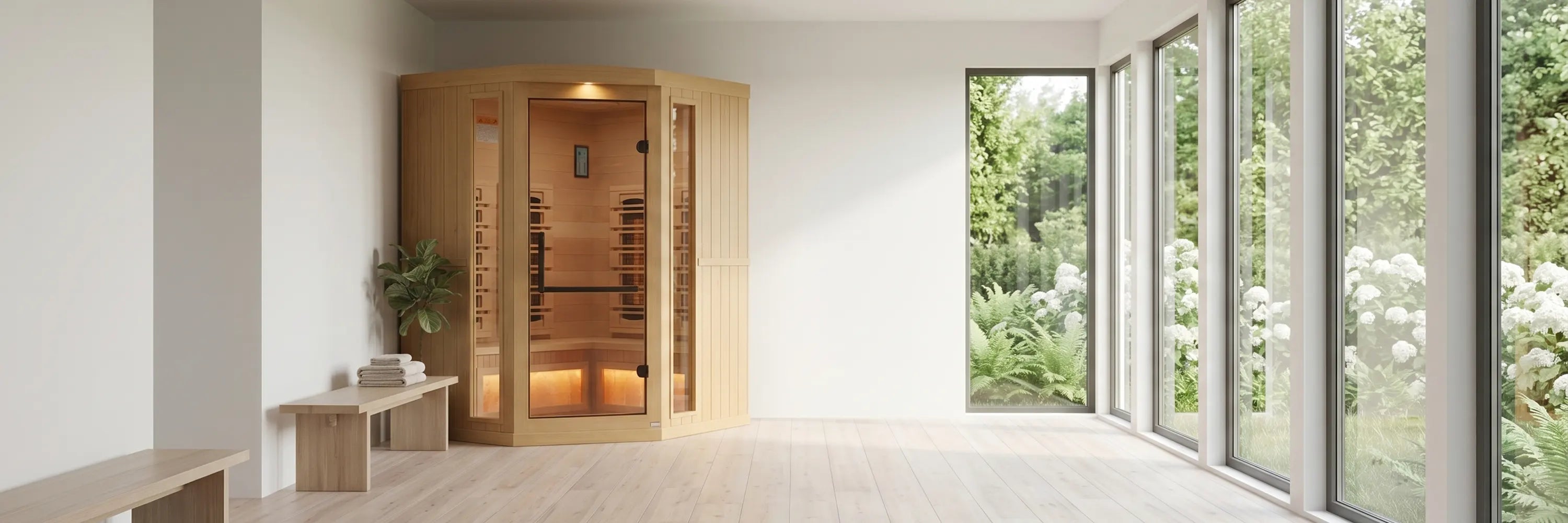 Corner saunas collection banner featuring space saving corner infrared saunas