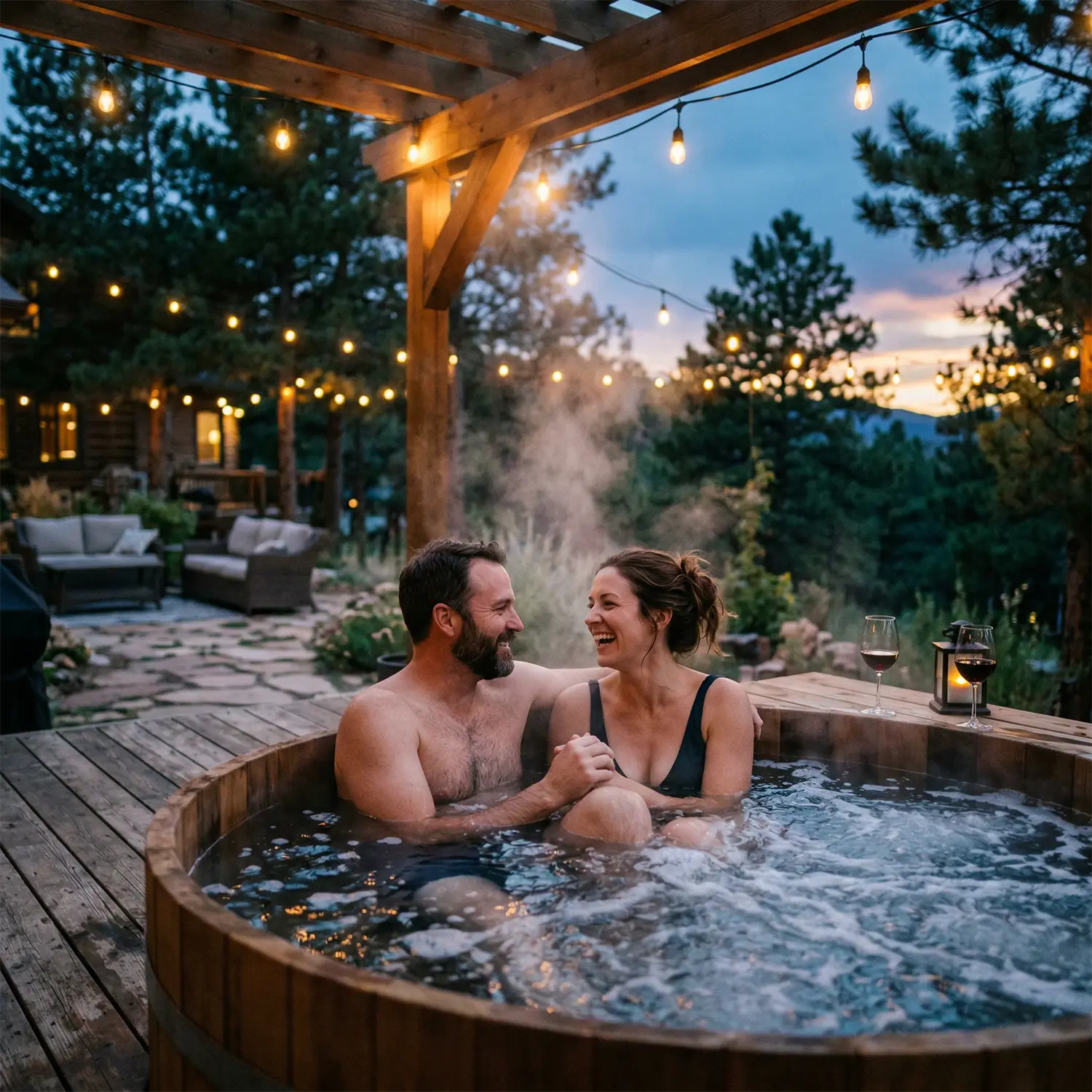 Couple relaxing in a round outdoor hot tub at dusk under string lights