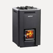 Harvia 20 SL Wood-Burning Sauna Stove, front angled view on a white background with stacked sauna stones and a lit viewing window.