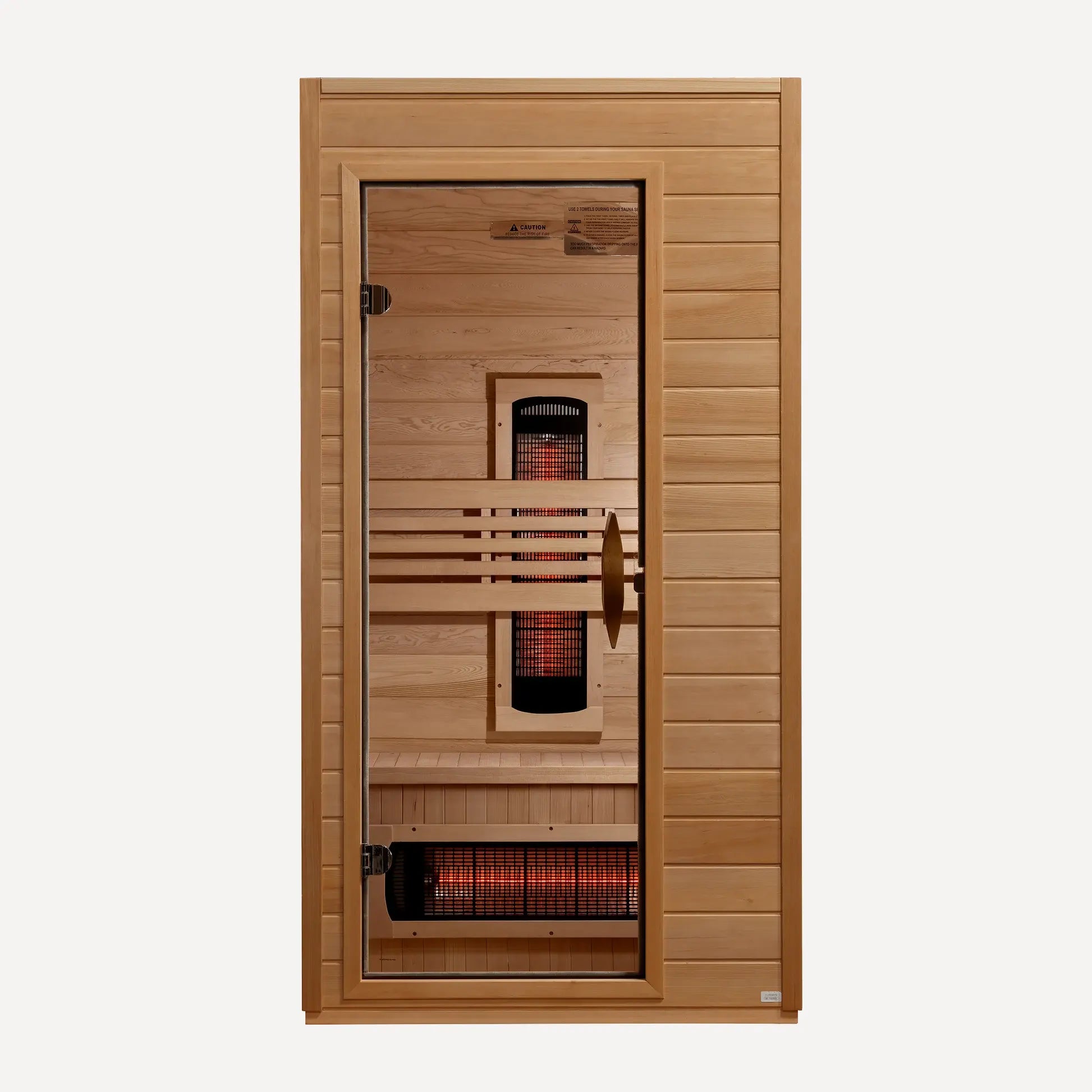 Golden Designs Dynamic Martin full spectrum near zero EMF infrared sauna interior center view showing the bench and heating panels