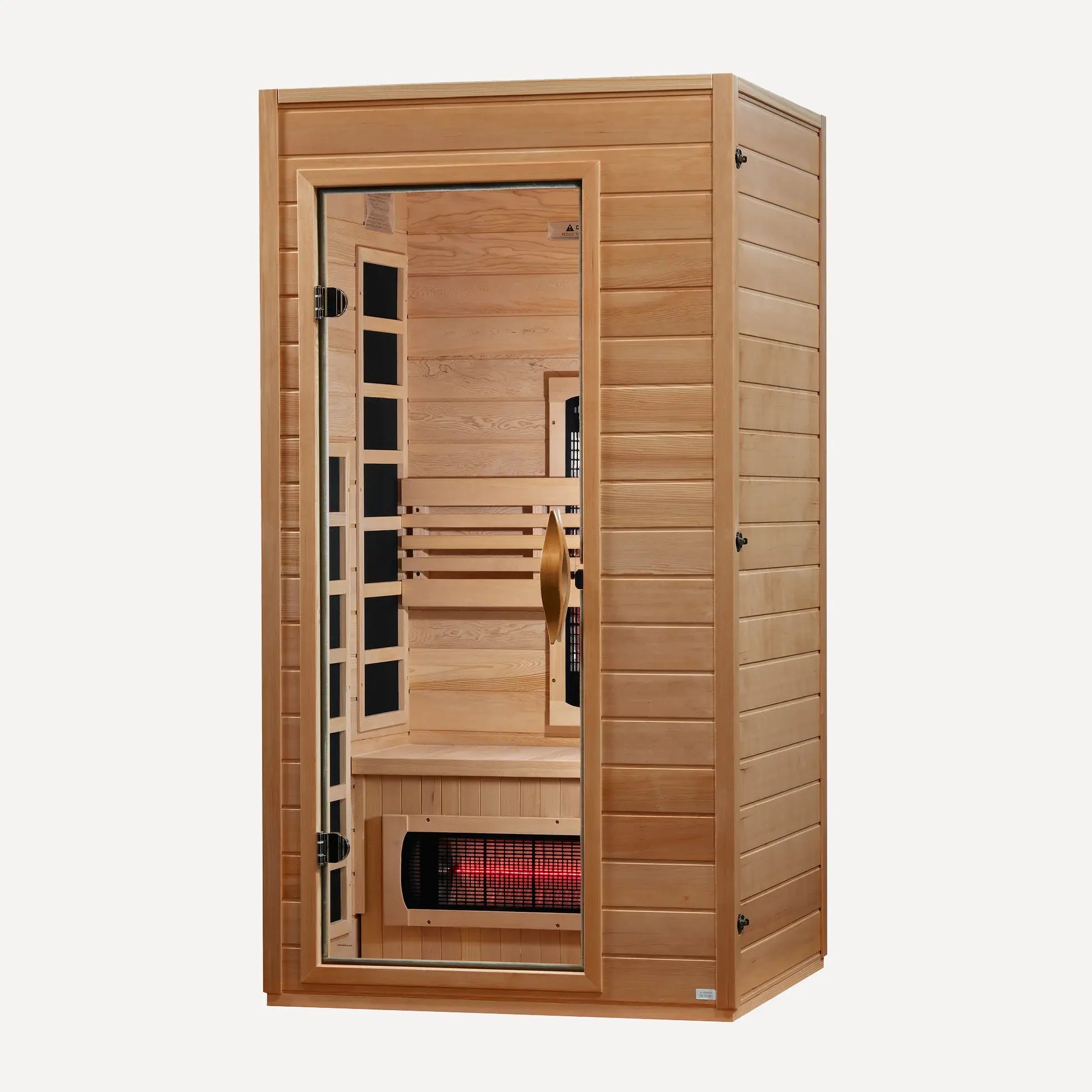Golden Designs Dynamic Martin full spectrum near zero EMF infrared sauna interior view from the right showing the bench and heating panels