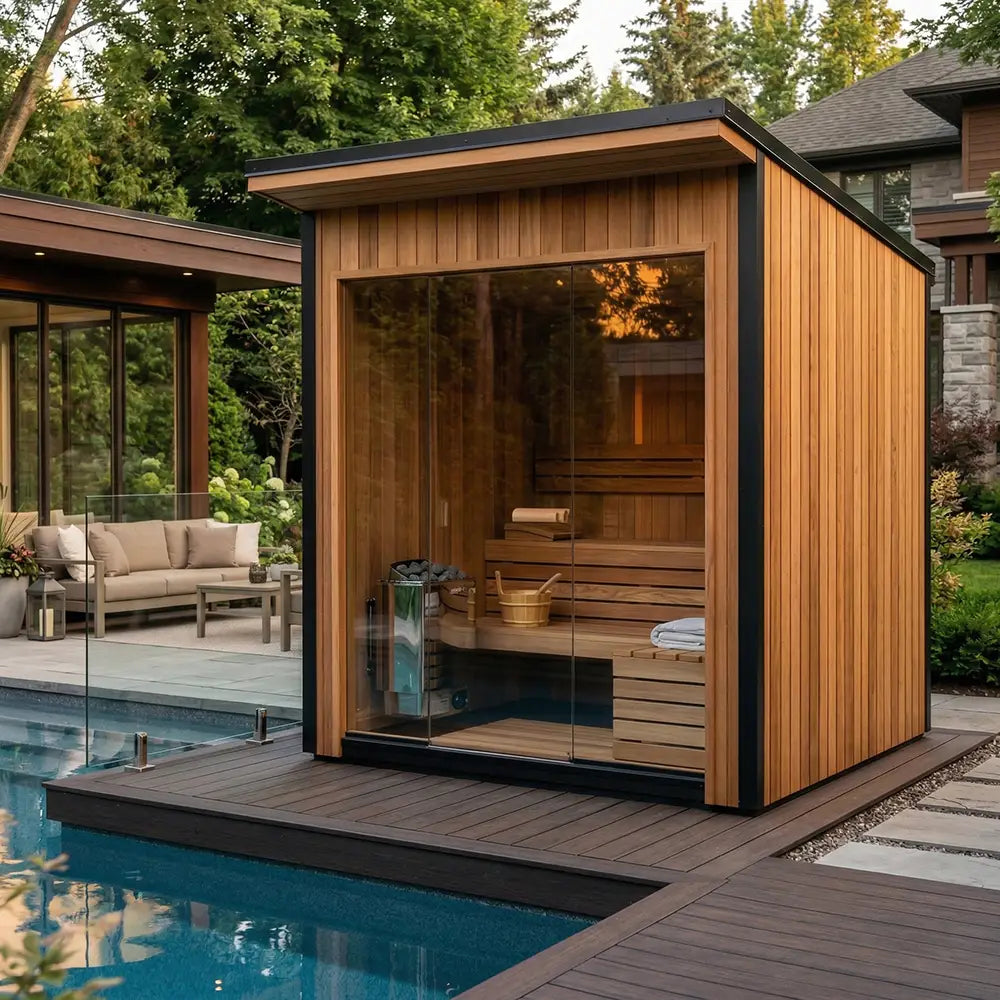 Cabin Saunas poolside image of a sleek glass-front cabin sauna, a modern style common in cabin sauna kit and outdoor cabin saunas kits.