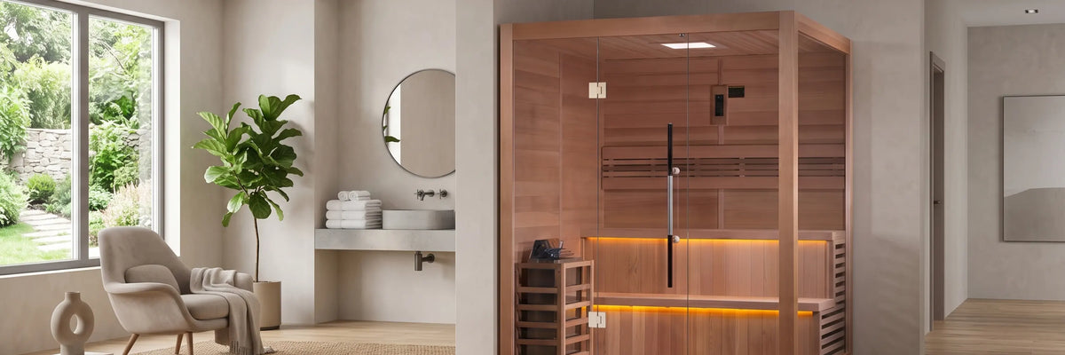Glass saunas collection banner featuring modern glass front saunas