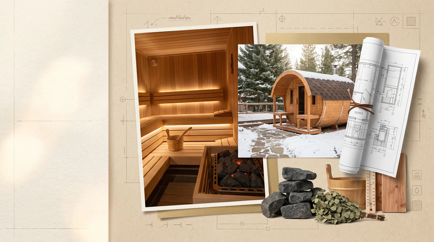 Home sauna planning collage with interior and outdoor sauna photos, blueprints, heater stones, wood samples, and accessories