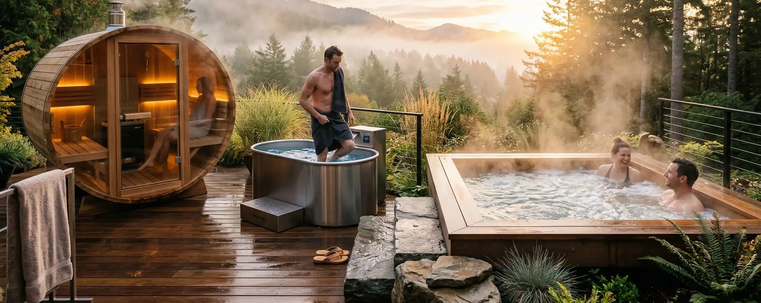 People enjoying a hot tub and sauna in a scenic outdoor setting with mountains in the background.