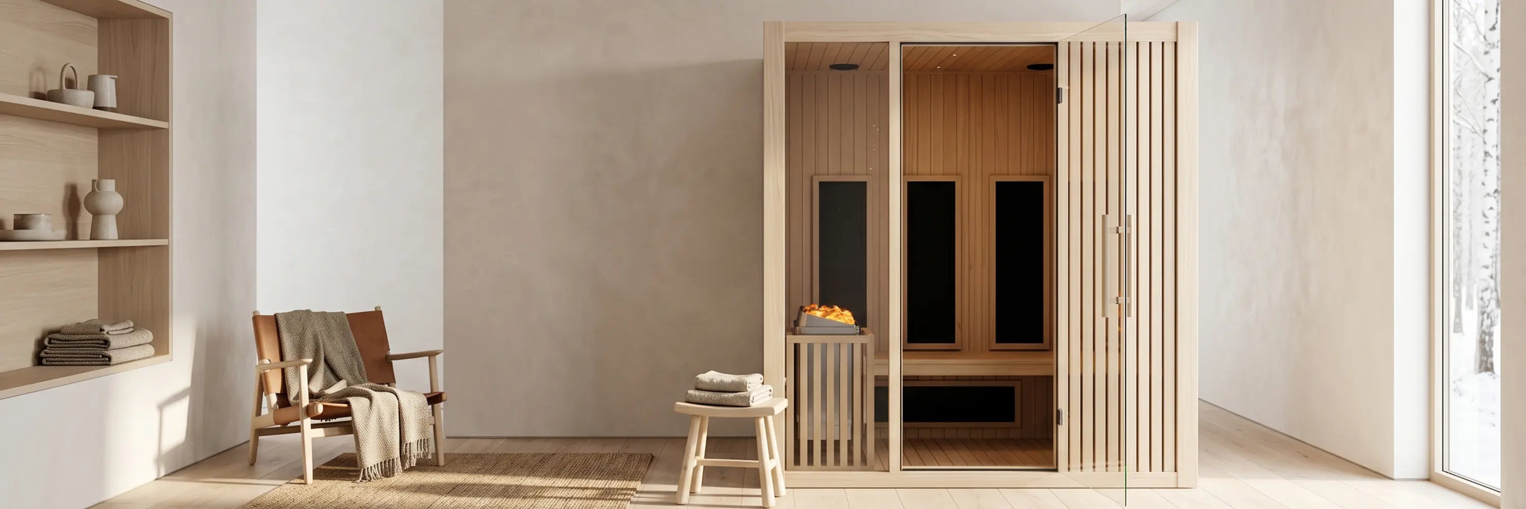 Hybrid saunas interior with a stone heater on the left and infrared carbon panels on the right, seen through the open glass door
