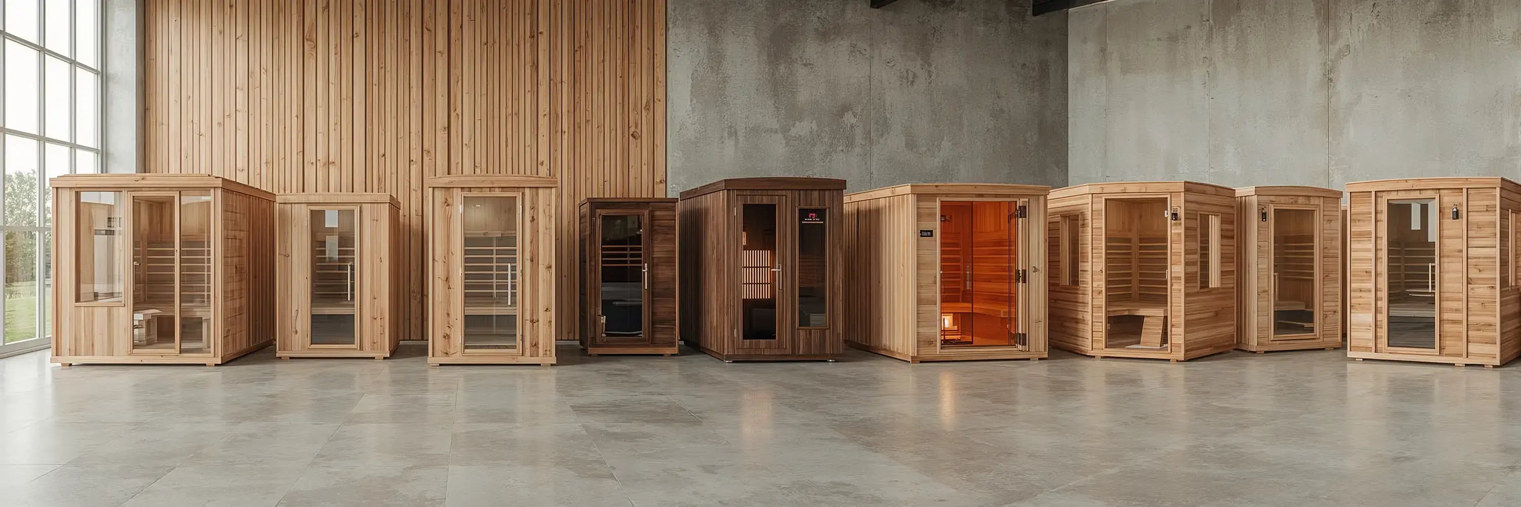 Indoor cedar saunas in a modern spa showroom, three cabin models for 1-2, 3-4 and 4-6 people, USA collection banner