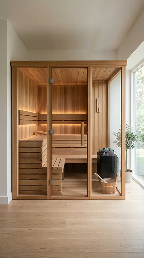 Traditional home sauna with electric heater and full glass front.