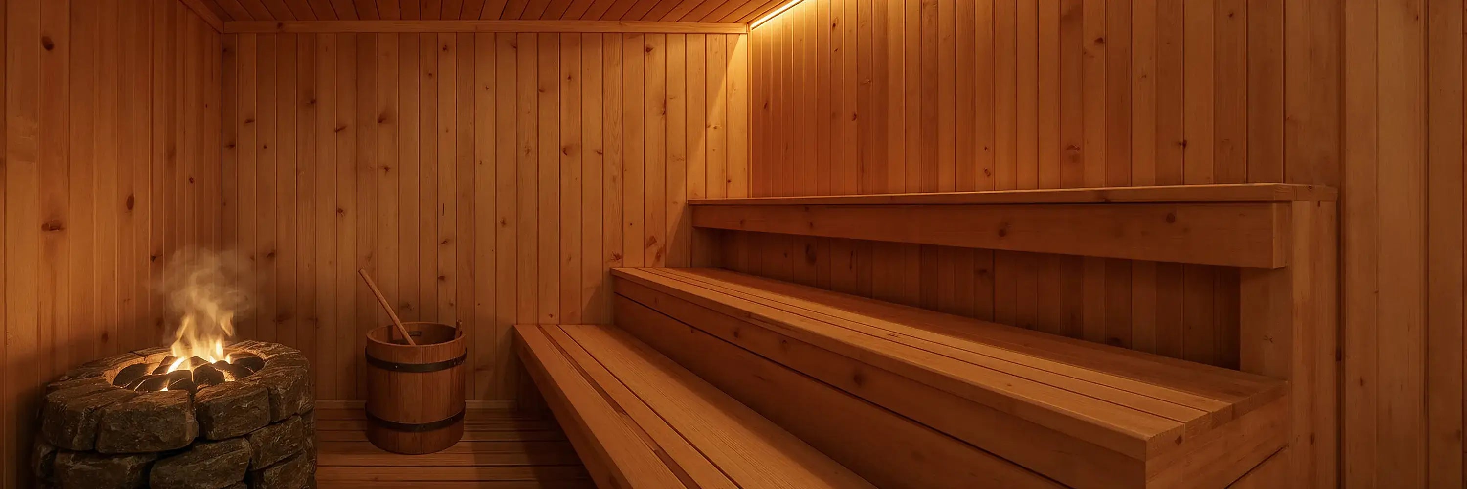 Indoor traditional sauna with tiered wood benches, a stone heater, and soft ambient lighting. This traditional sauna design is a strong example of a best traditional sauna for home with a comfortable layout for everyday use.